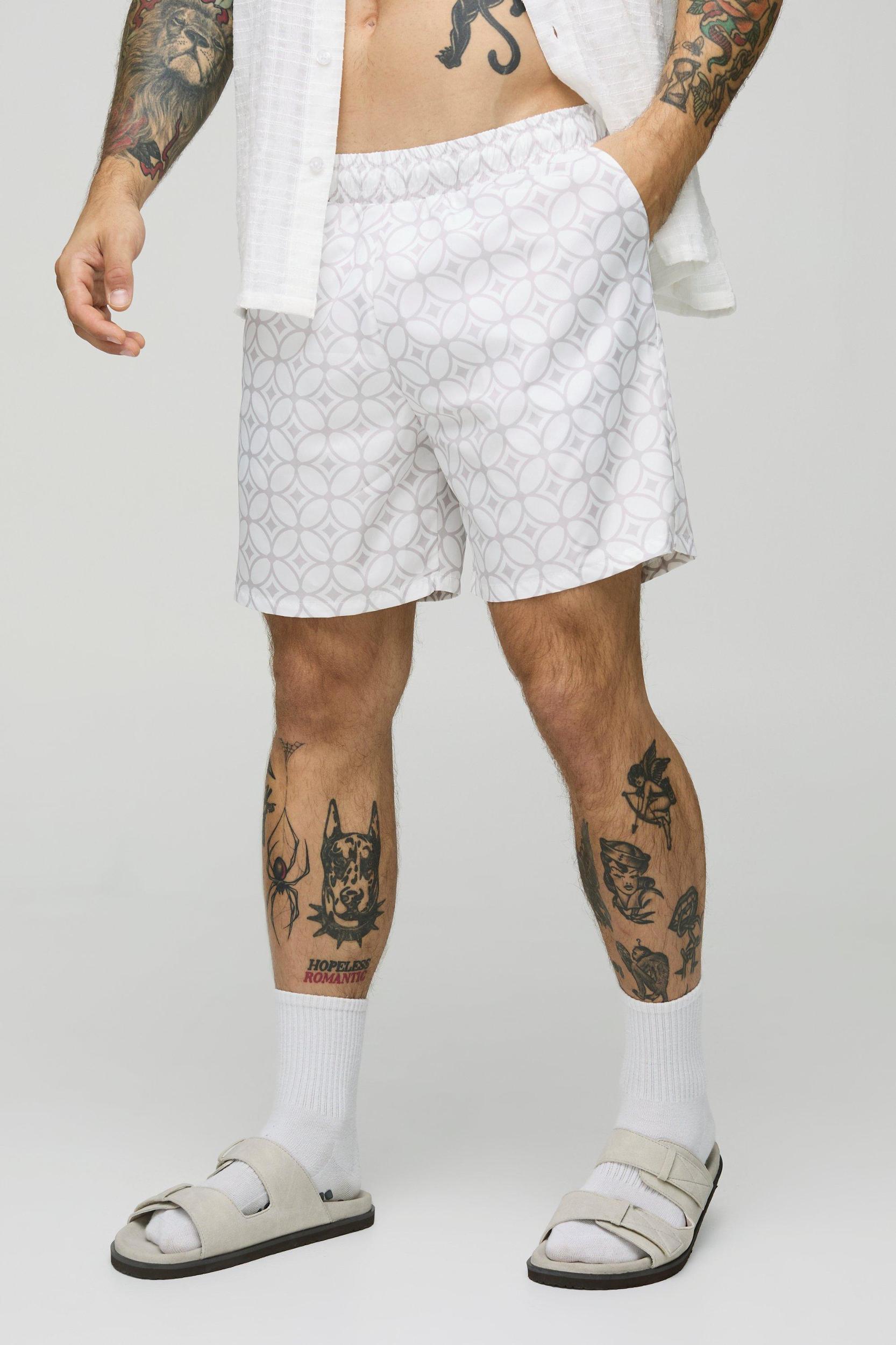 Abstract Pattern Mid Length Swim Trunks | boohooMAN USA Product Image