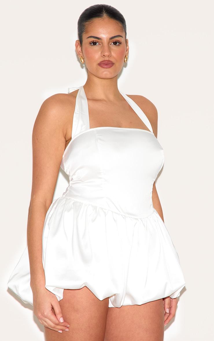 Plus White Satin Halter Neck Puffball Romper Product Image