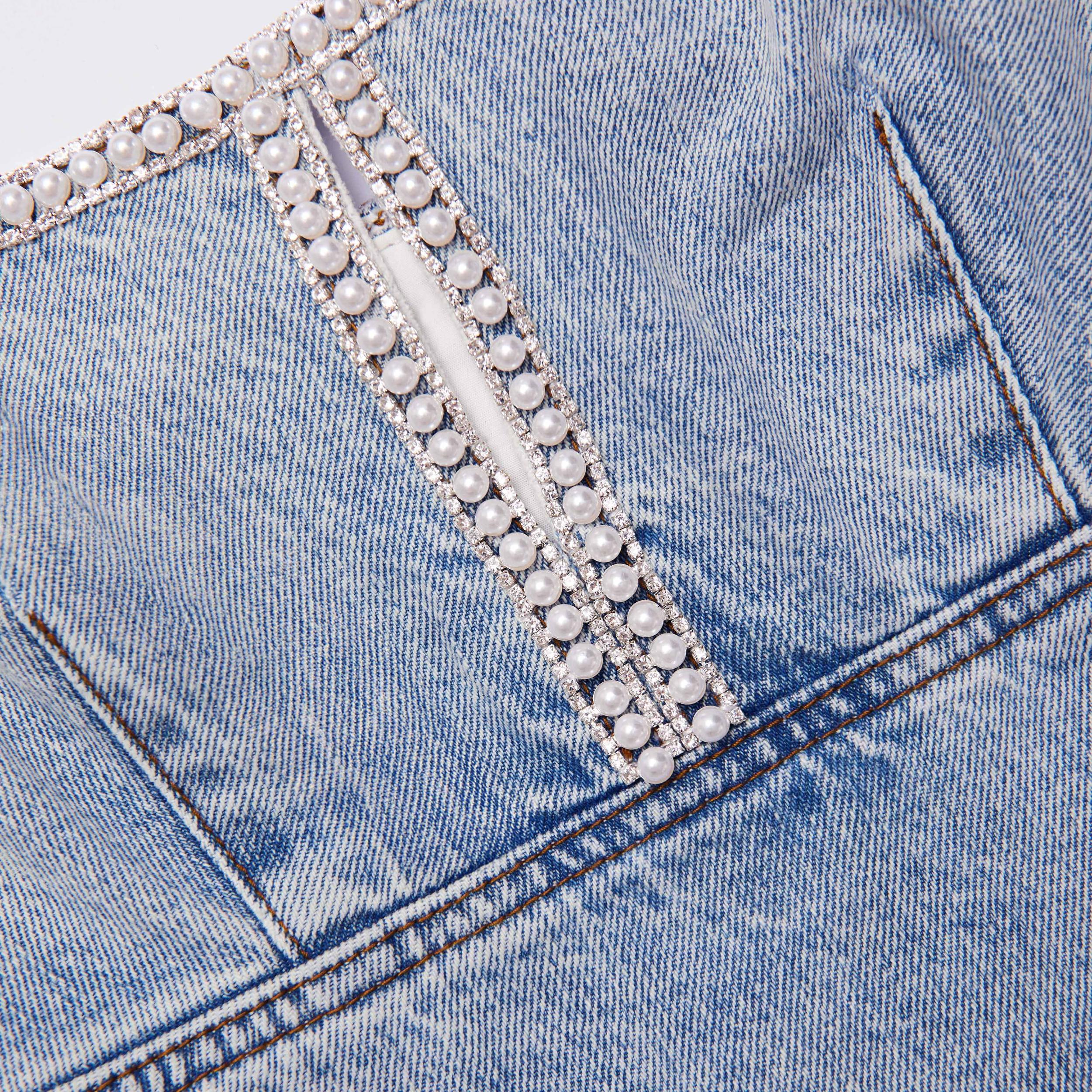 Light Blue Denim Pearl Mini Dress Product Image