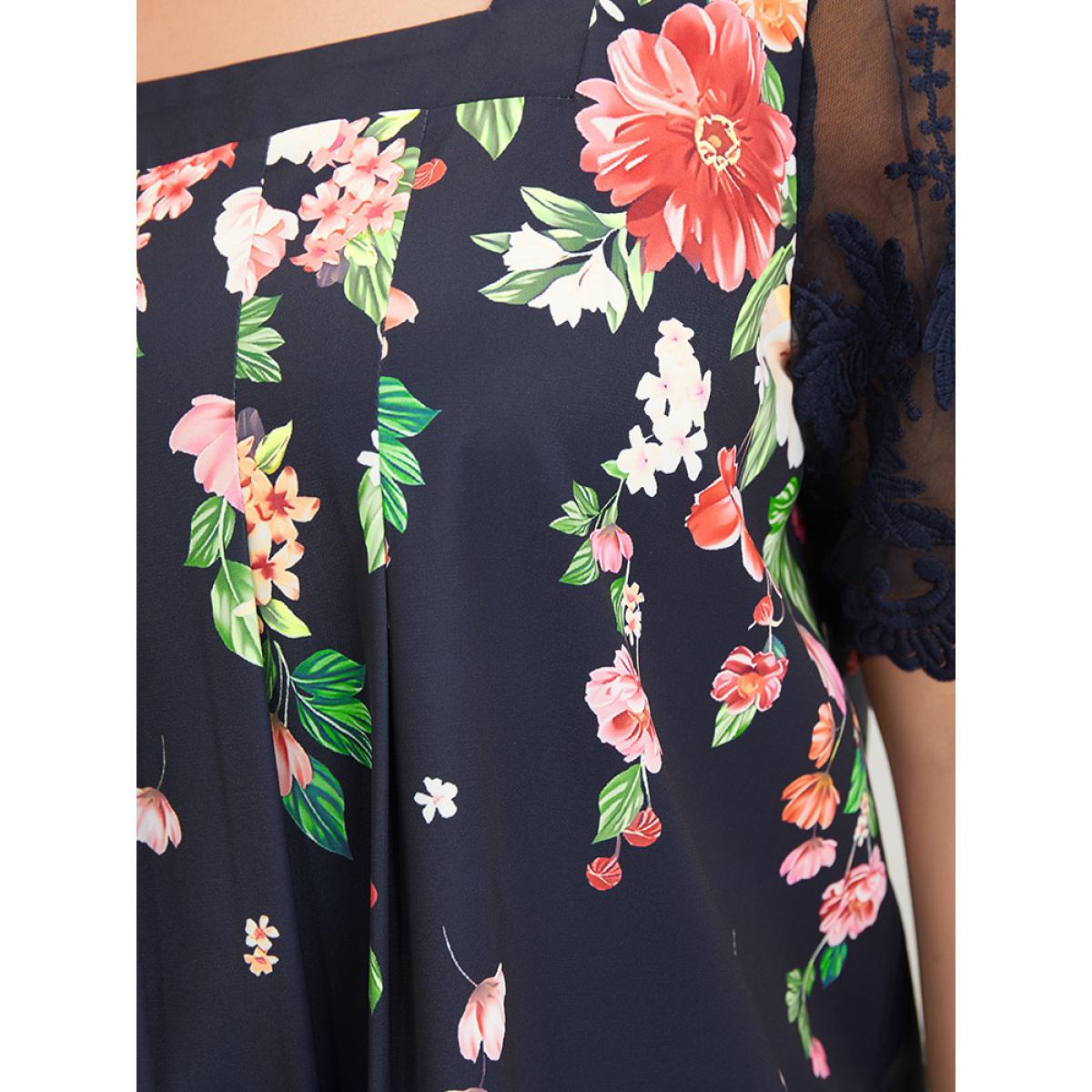 Plus Size Indigo Floral Pleated Mesh Lace Sleeve Square Neck Blouse Women Vacation Short sleeve Square Neck Dailywear Blouses BloomChic 26/4X Product Image