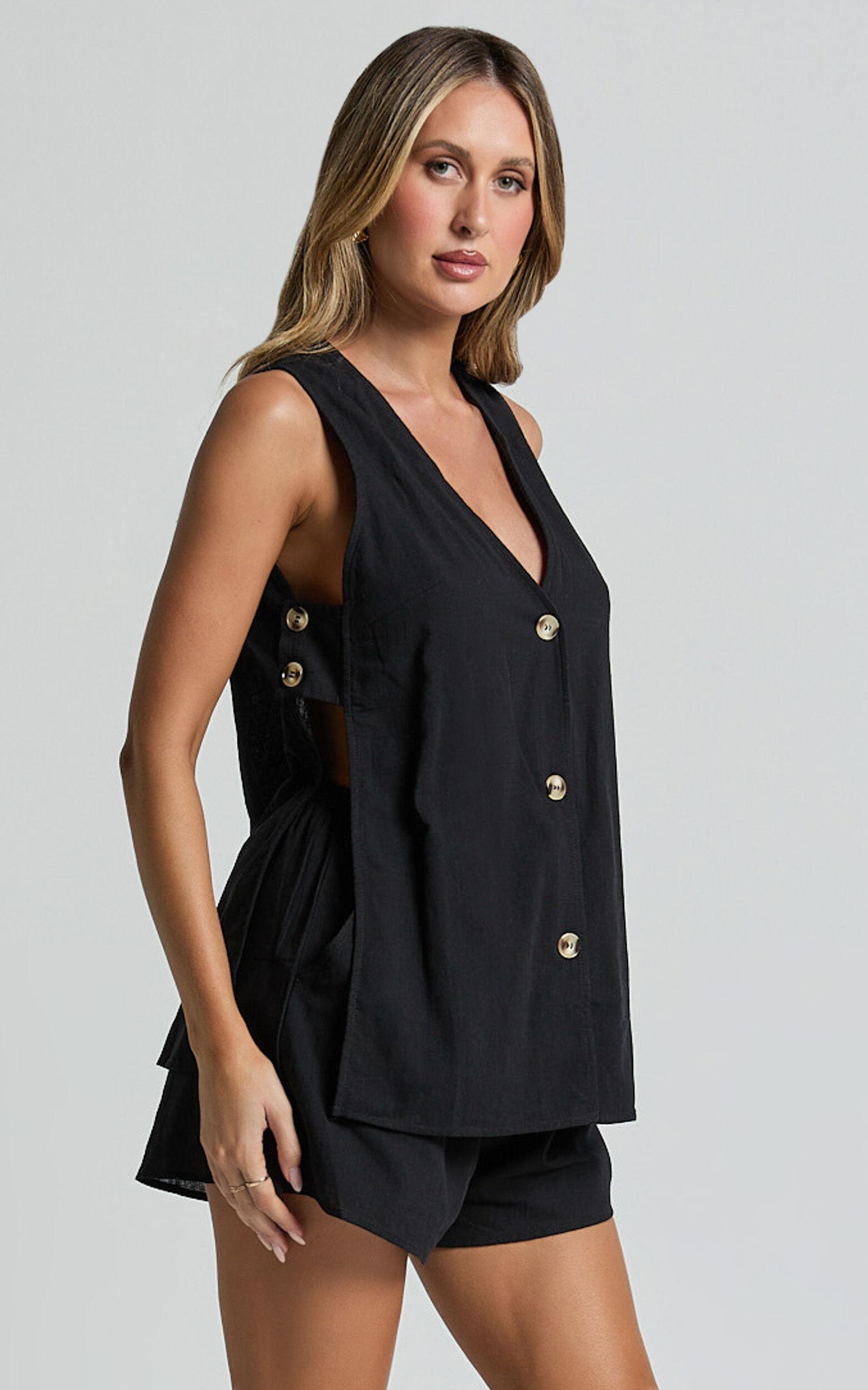 Devon Two Piece Set - Open Side Detail Top & Short Linen Set in Black Product Image