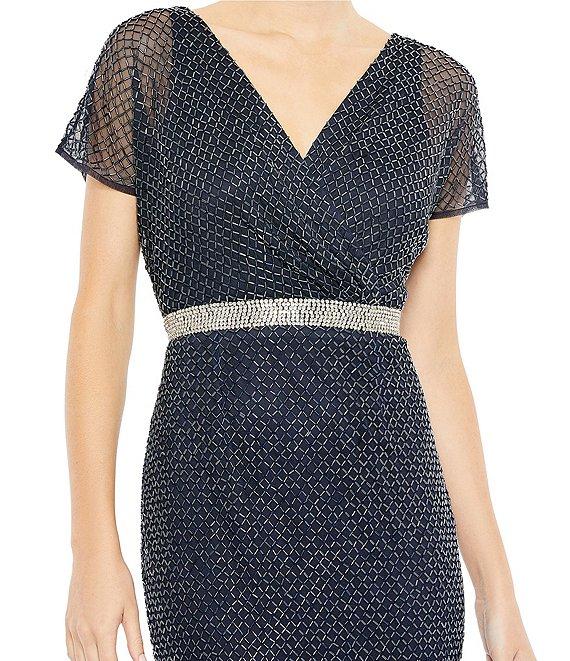 Mac Duggal Surplice V-neck Short Sleeve Beaded Column Gown Product Image