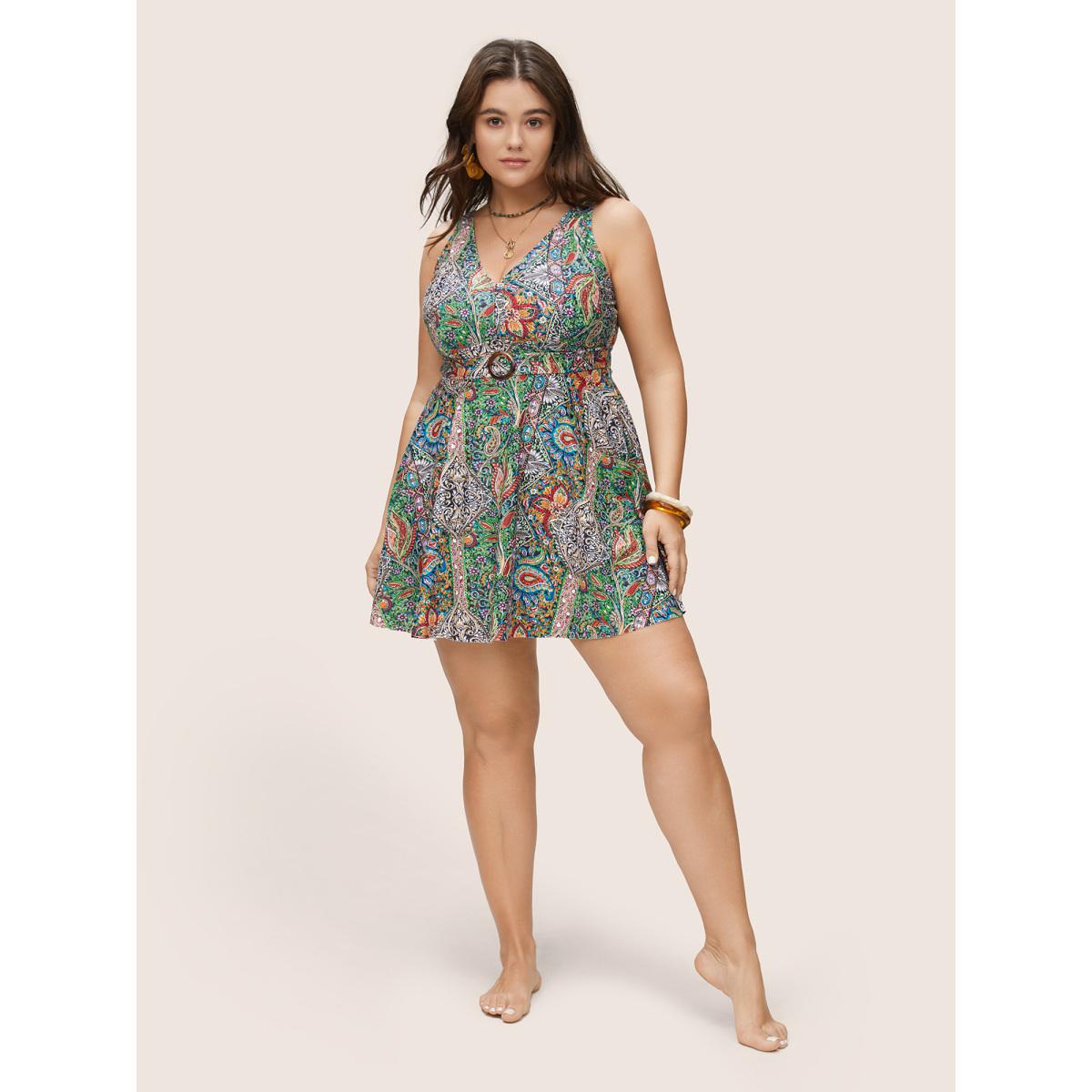 Plus Size Bandana Print Buckle Detail Gathered Swim Dress Women's Swimwear Multicolor Beach Bodycon V-neck High stretch Curve Swim Dresses BloomChic 26/4X Product Image