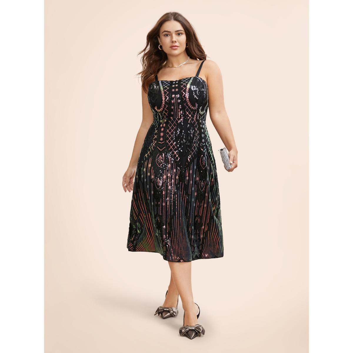 Plus Size Geometric Sequin Split Hem Cami Dress Black Women Cocktail Texture Non Sleeveless Curvy BloomChic 18-20/2X Product Image