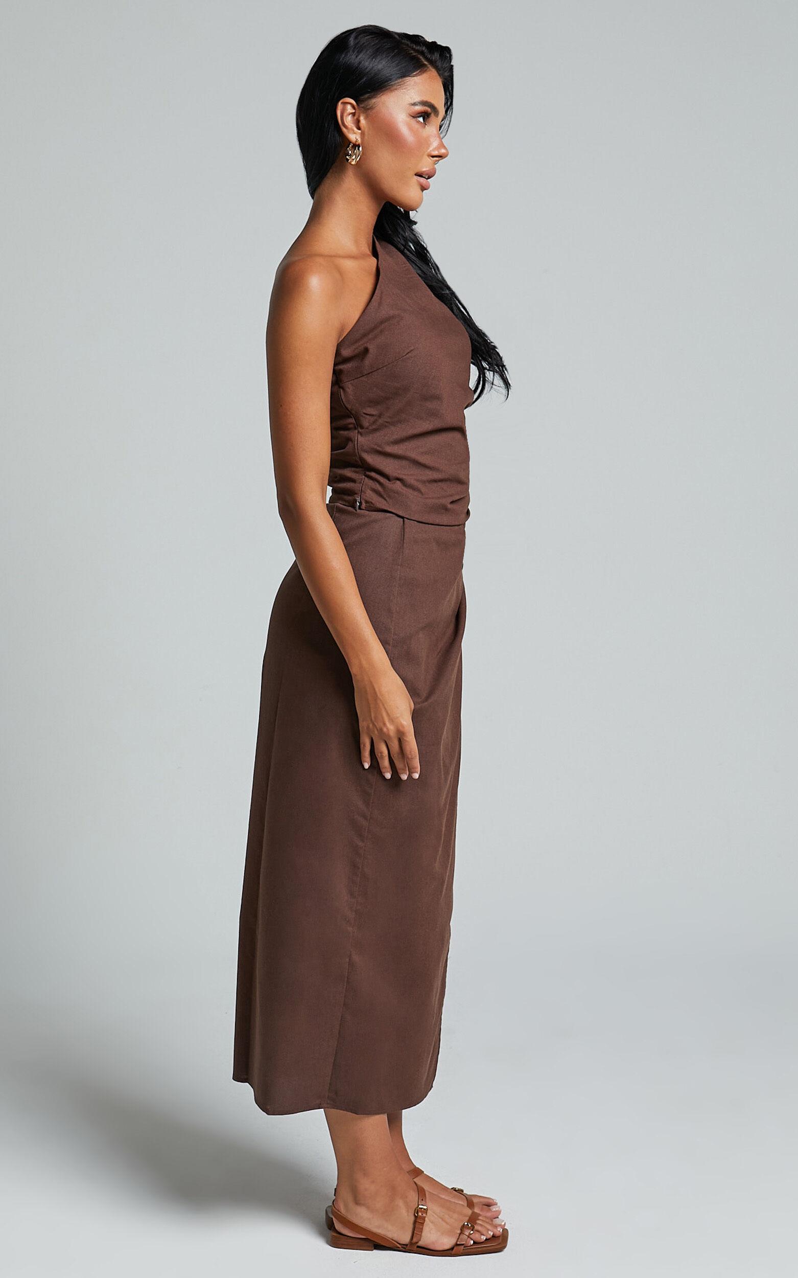 Genna Midi Skirt - Linen Look Wrap Skirt in Chocolate Product Image