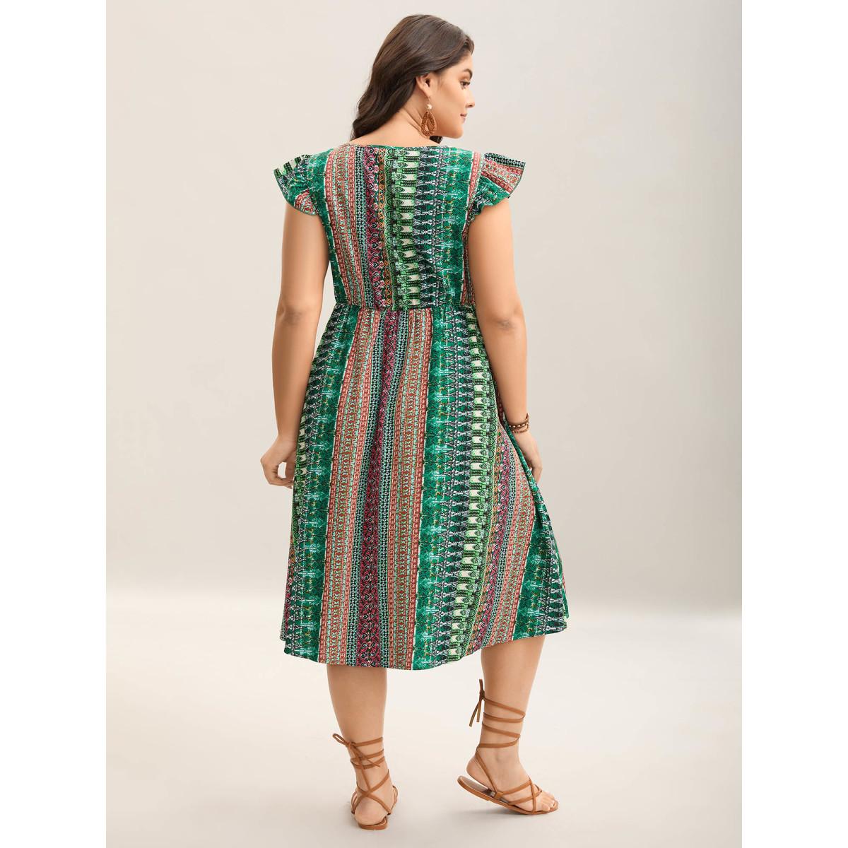 Plus Size Boho Stripes Pockets Flutter Midi Dress Emerald Women Heart neckline Cap Sleeve Curvy BloomChic 30/6X Product Image