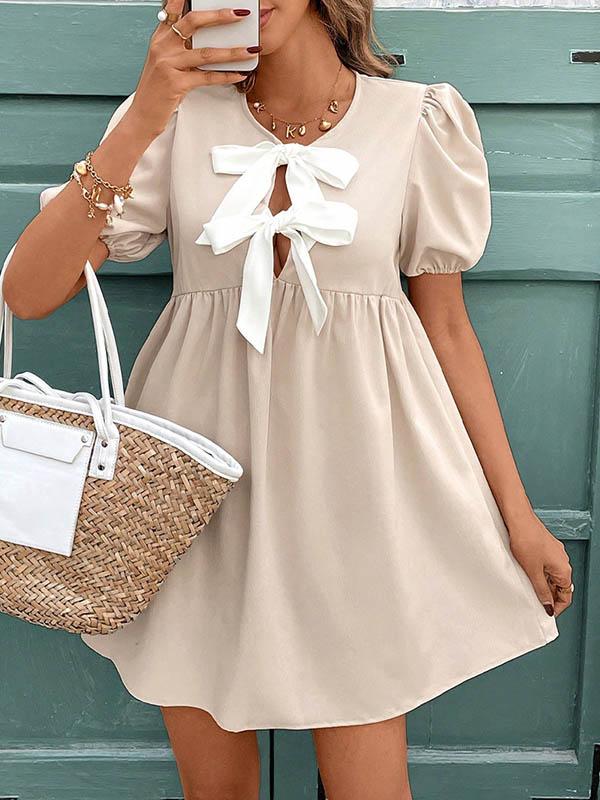 A-Line Loose Bowknot Elasticity Pleated Round-Neck Mini Dresses Product Image