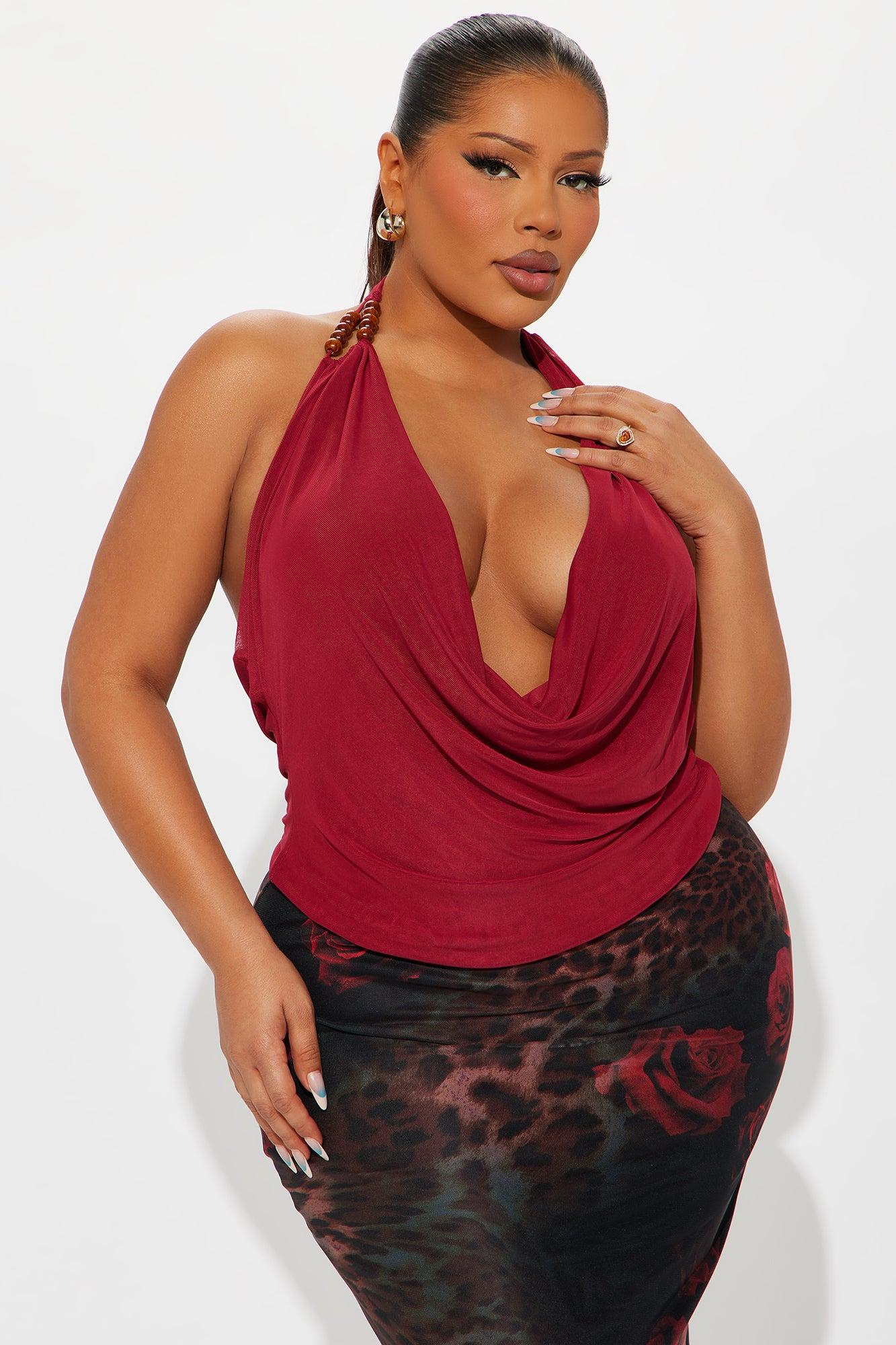 Spontaneous Babe Cowl Neck Mesh Halter Top - Red Female Product Image