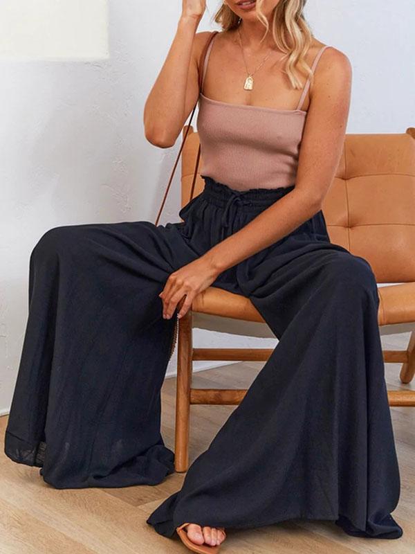 High Waisted Loose Drawstring Elasticity Pockets Solid Color Pants Trousers Product Image