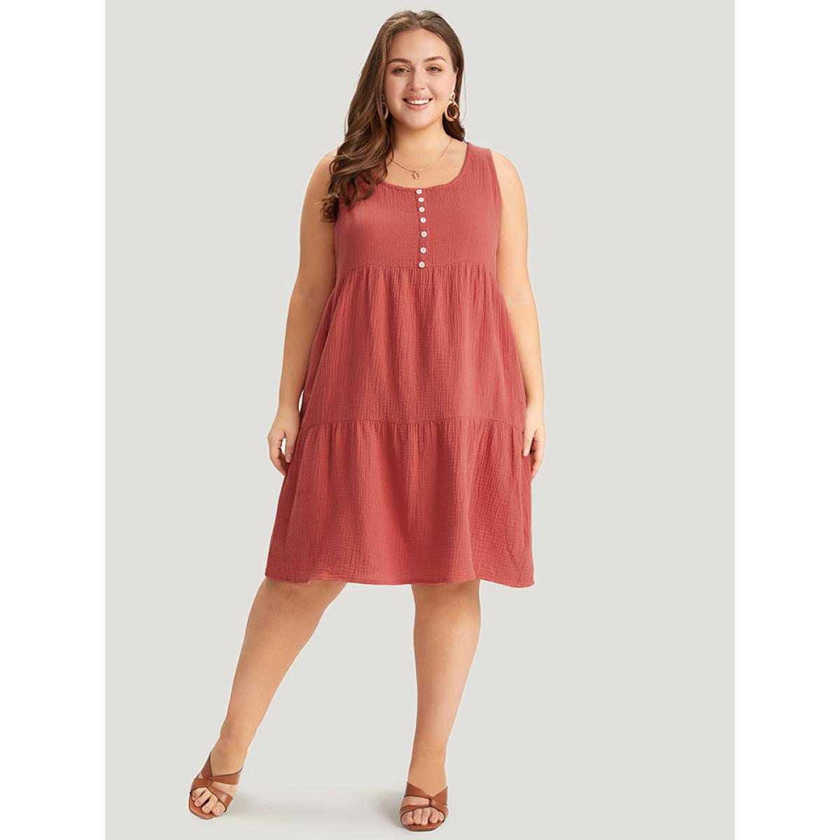 Plus Size Solid Button Detail Layered Hem Tank Dress Rust Women Vacation Button Round Neck Sleeveless Curvy Knee Dress BloomChic 12/L Product Image