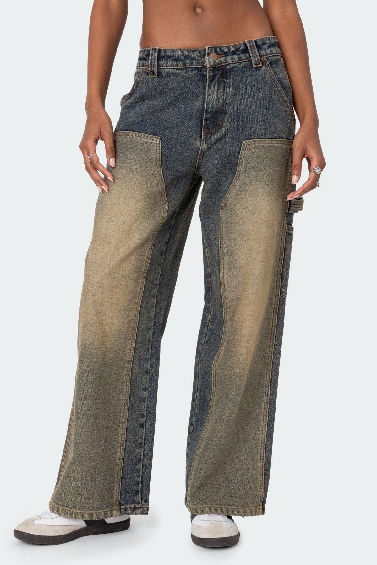 Contrast Panel Washed Mid Rise Baggy Jeans Product Image