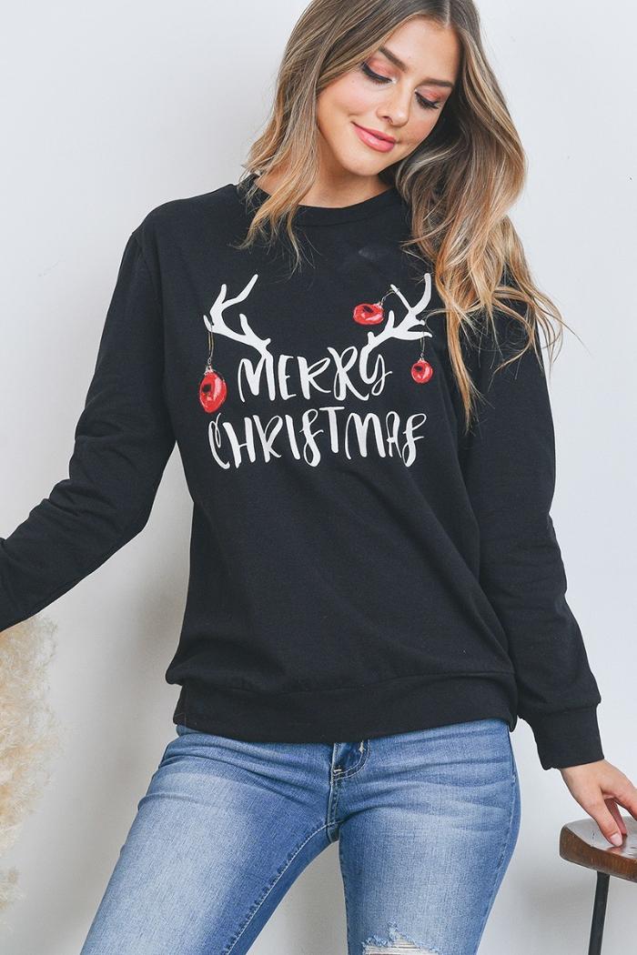 Long Sleeve Merry Christmas Print Pullover Product Image