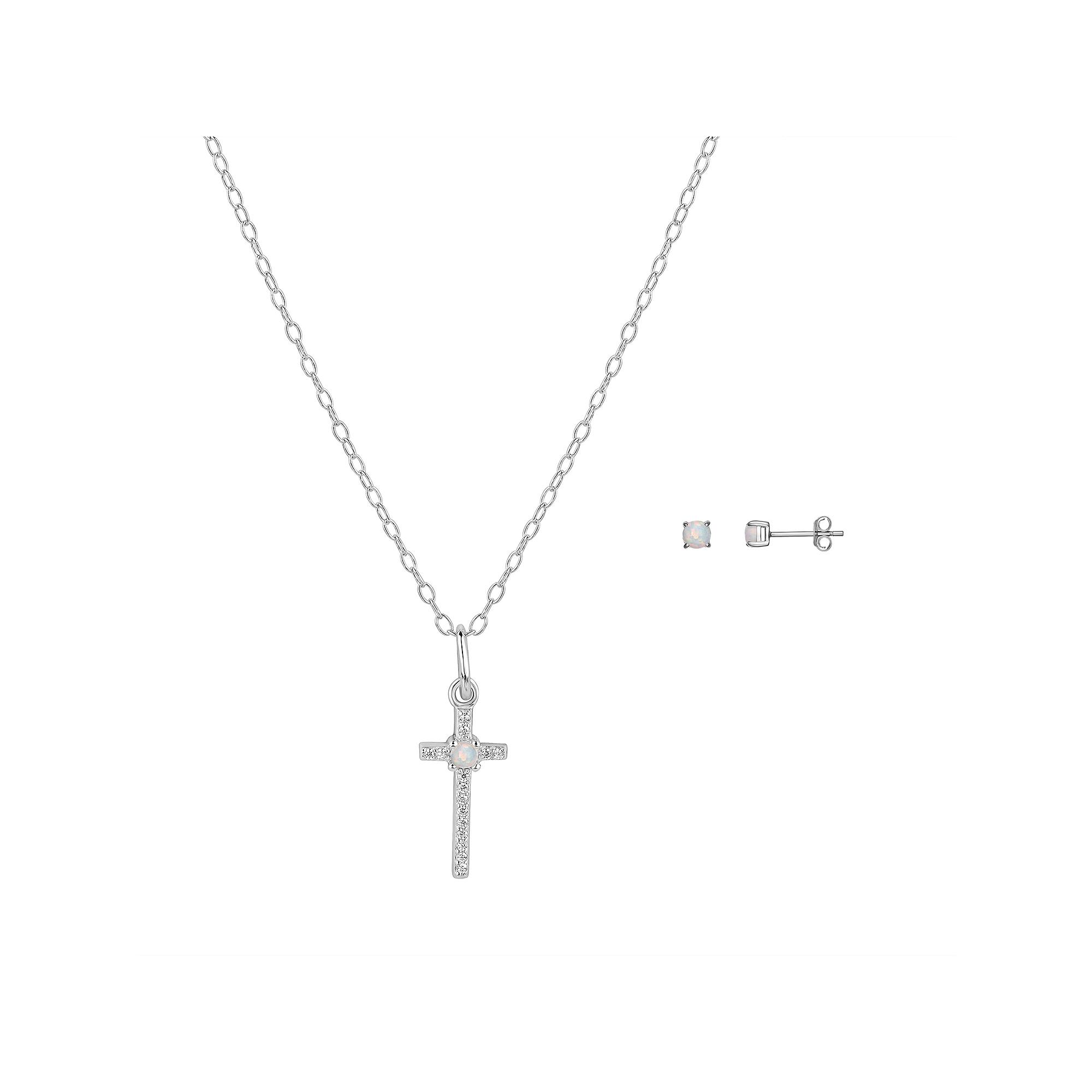 PRIMROSE Sterling Silver White Opal & Cubic Zirconia Cross Pendant & Stud Earring Set, Womens Sterling And White Product Image