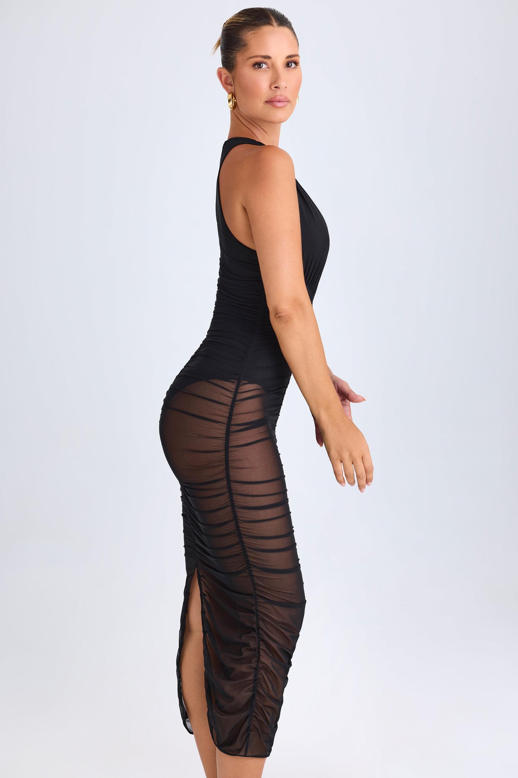 Ruched Plunge Midaxi Dress in Black Product Image