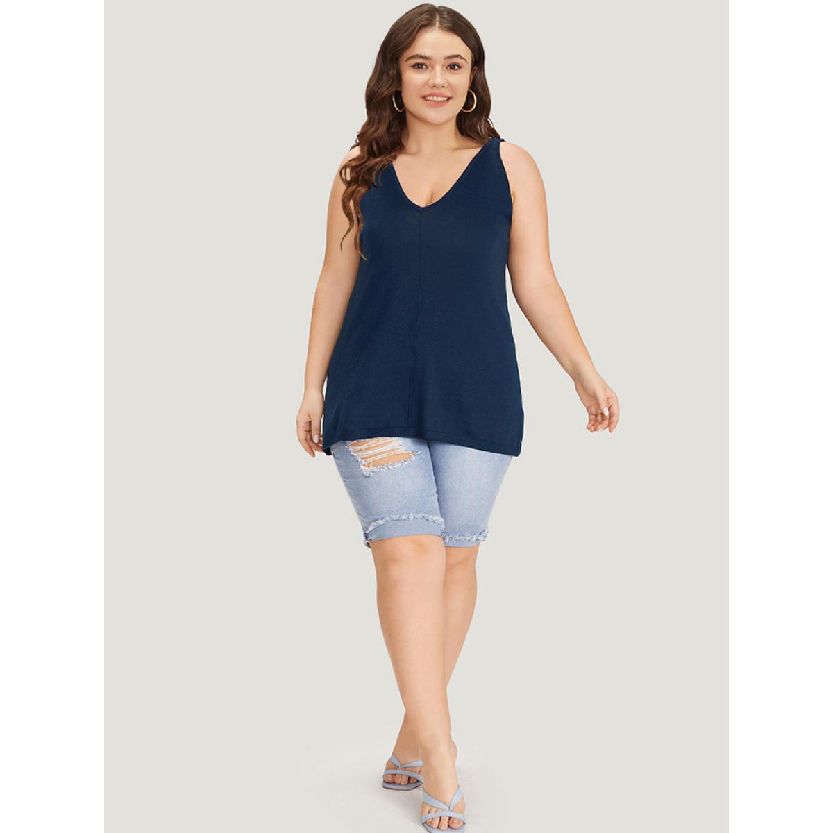 Plus Size Supersoft Essentials Solid Patchwork Sleeveless Pullover Indigo Women Casual Loose Sleeveless V-neck Everyday Pullovers BloomChic 26/4X Product Image