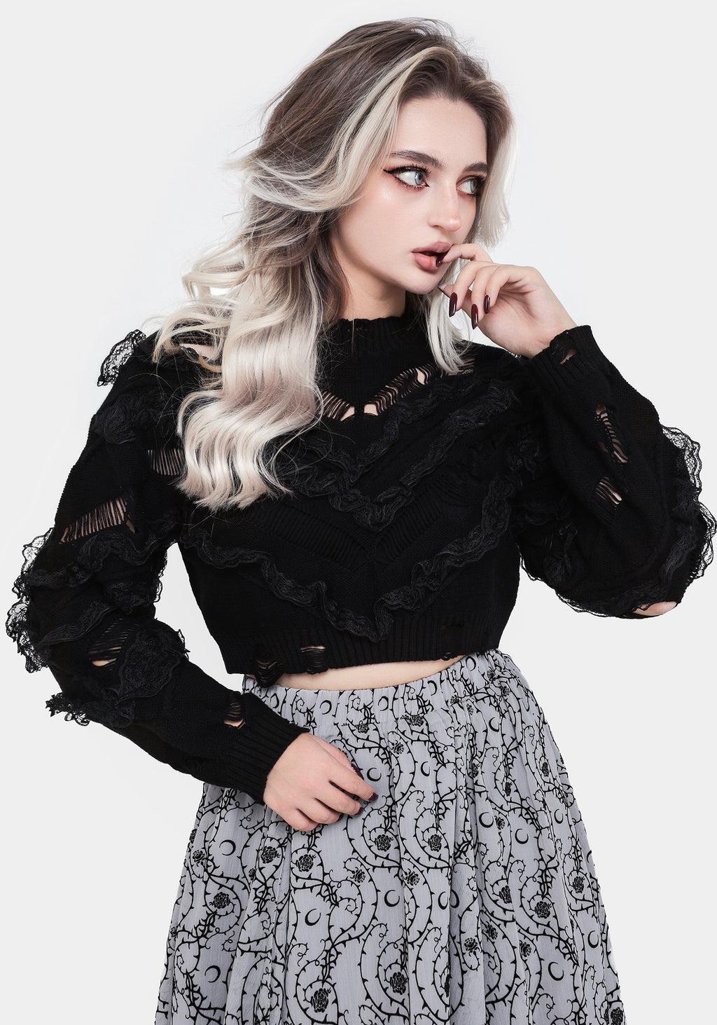 Volla Lace Ruffle Distressed Knit Crop Sweater Product Image