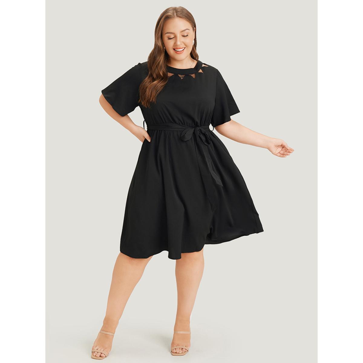 Plus Size Anti-Wrinkle Solid Flutter Belted Pocket Mesh Cut Out Dress Black Women Office See through Round Neck Short sleeve Curvy Midi Dress BloomChic 12/L Product Image