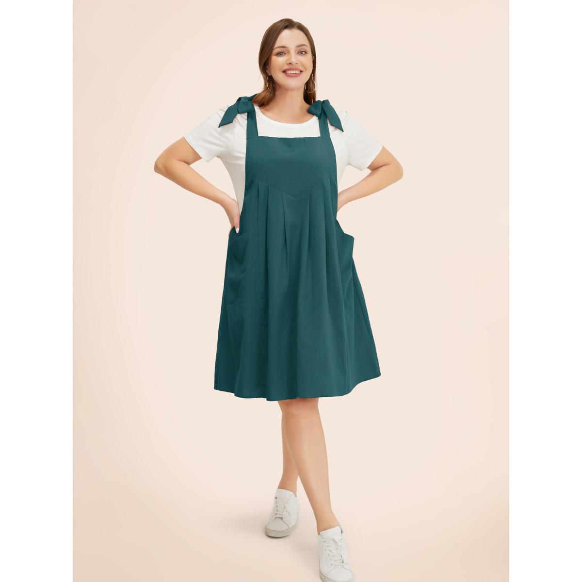 Plus Size Solid Pleated Hem Pocket Tie Shoulder Overall Dress Cyan Women Casual Pleated Spaghetti Strap Sleeveless Curvy Knee Dress BloomChic 28/5X Product Image