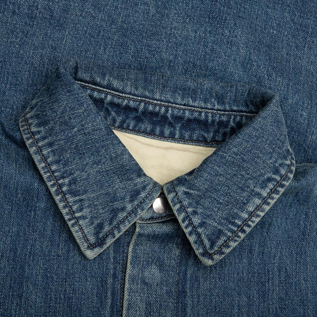 Washed and Bleached Raw Denim Shirt - Blue Male Product Image