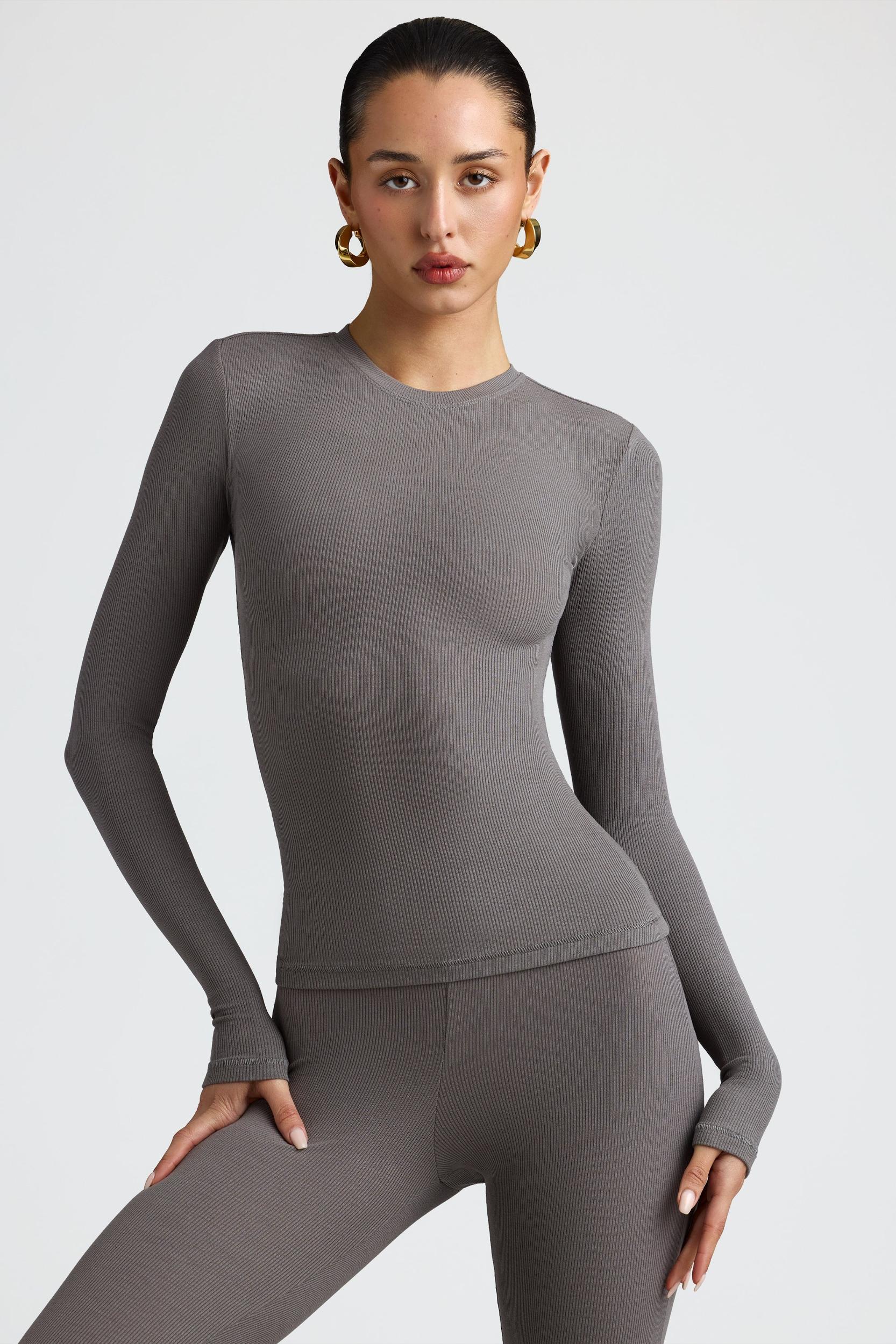 Ribbed Modal Crew Neck Top in Grey Product Image
