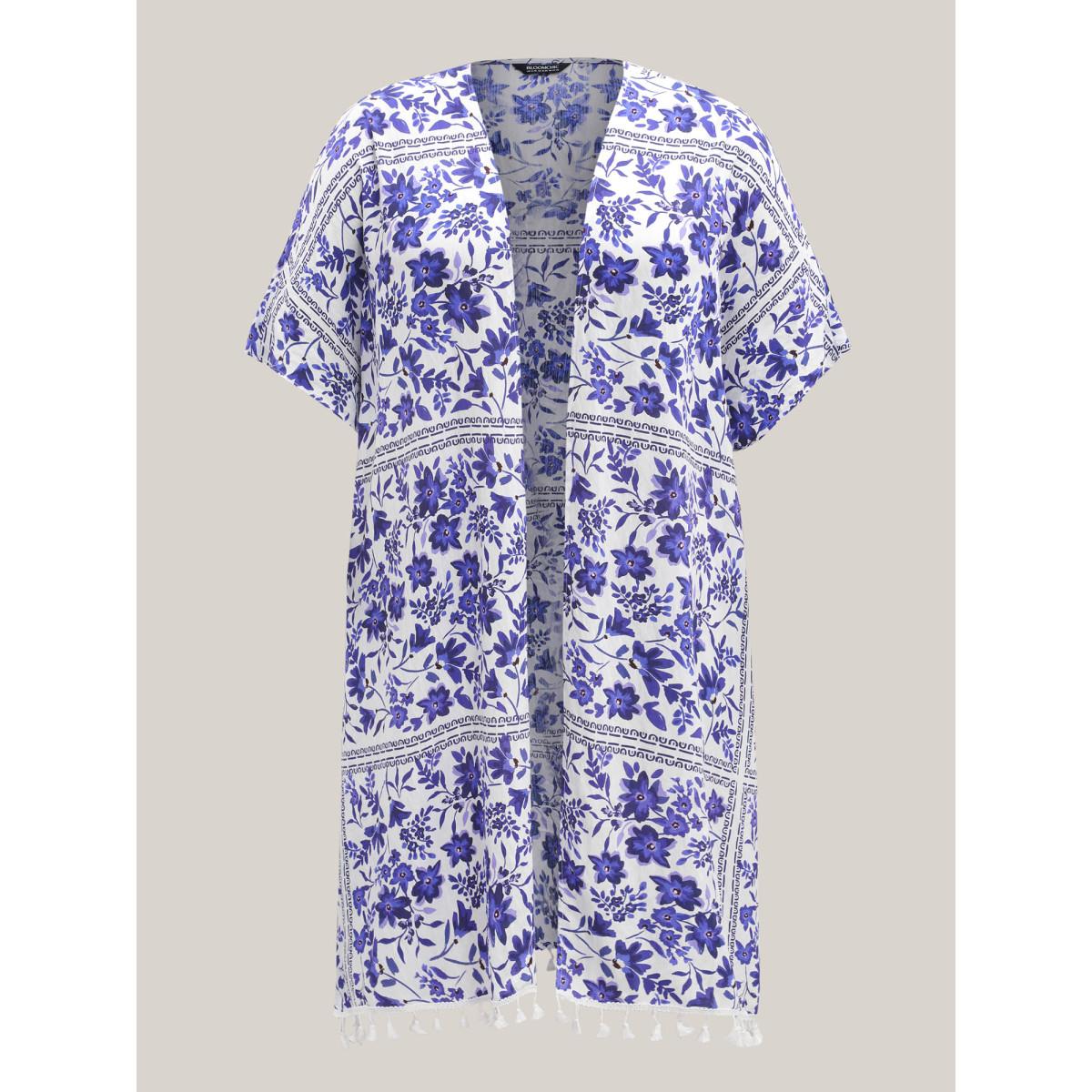 Plus Size Floral Print Lace Tassels Slit Kimono Women Brightblue Tassels Loose Vacation Kimonos BloomChic 12/L Product Image