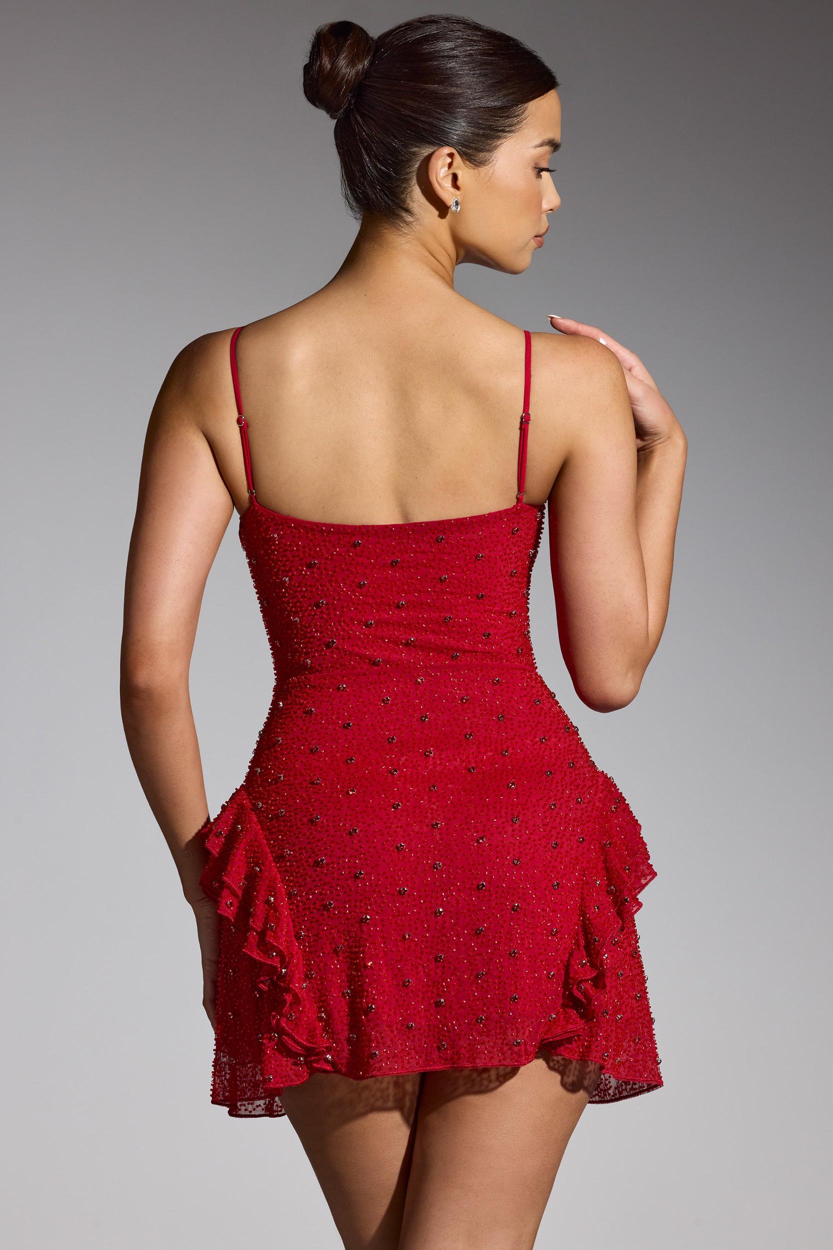 Embellished Frill Mini Dress in Red Product Image