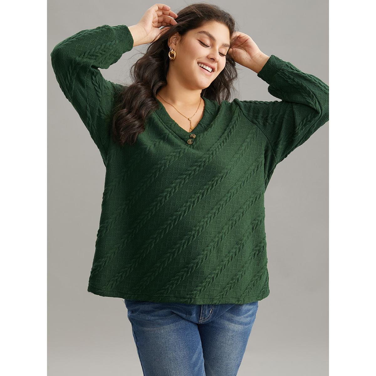 Plus Size Plisse Solid Button Detail Sweatshirt Women DarkGreen Elegant Texture V-neck Everyday Sweatshirts BloomChic 28/5X Product Image