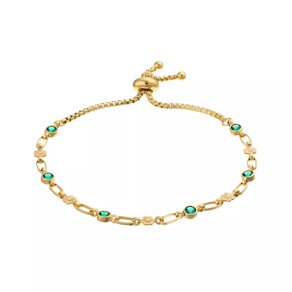 Kristen Kesho Sterling Silver Lab-Created Emerald & Flower Link Adjustable Bolo Bracelet, Women's, Size: 9.50, Gold Tone Product Image