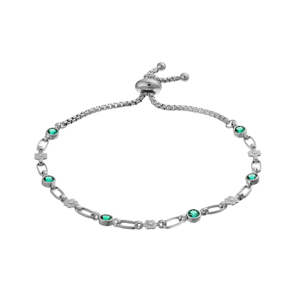 Kristen Kesho Sterling Silver Lab-Created Emerald & Flower Link Adjustable Bolo Bracelet, Women's, Size: 9.50 Product Image