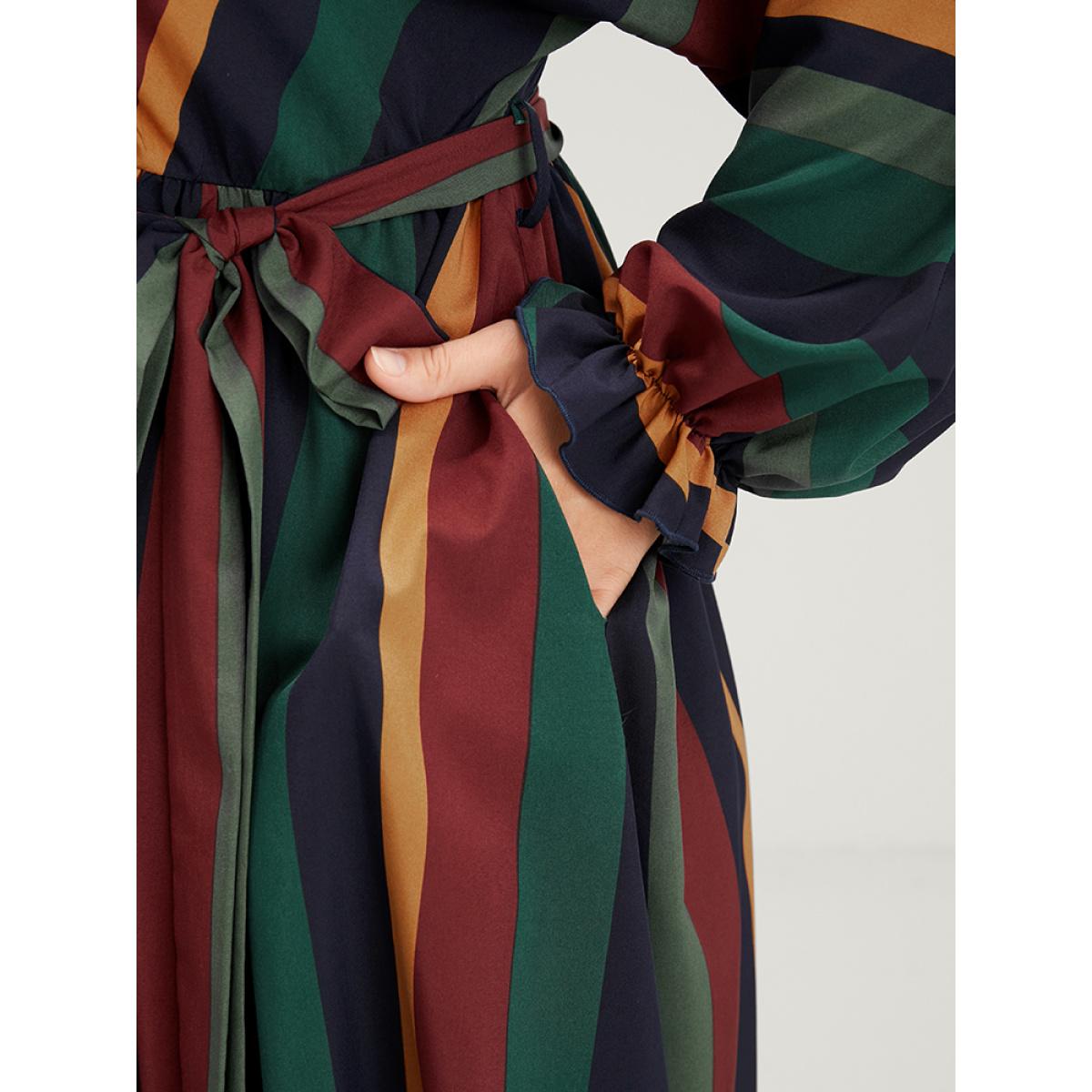 Plus Size Striped Pocket Dolman Sleeve Wrap Button Flutter Belted Split Dress Multicolor Women Vacation Cross straps V-neck Long Sleeve Curvy Long Dress BloomChic 26/4X Product Image