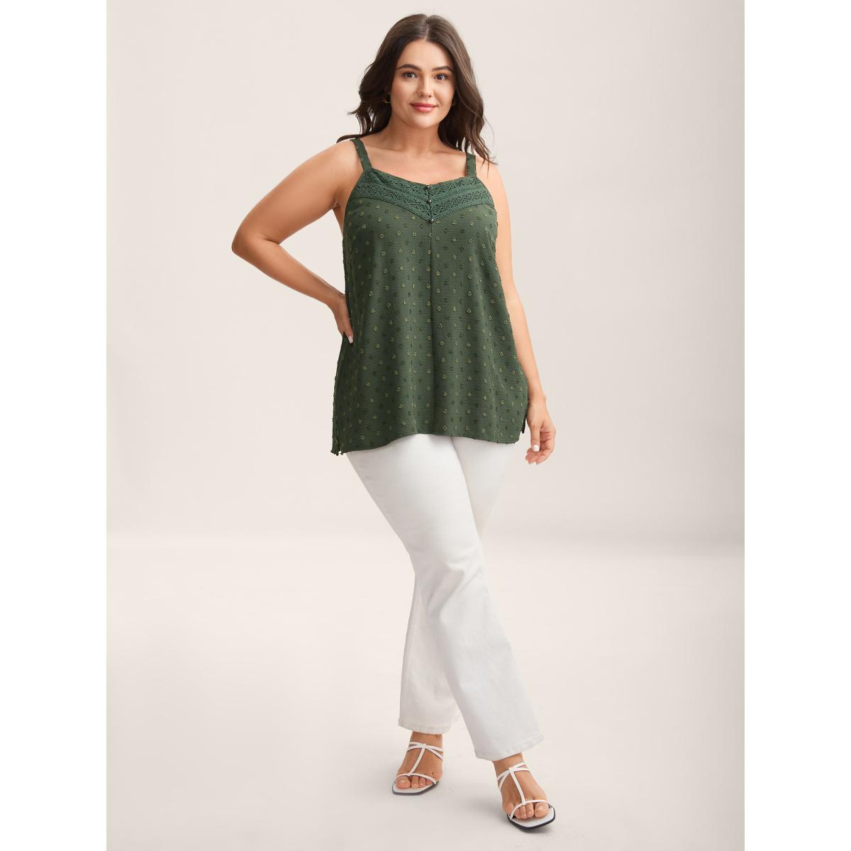 Plus Size Textured Lace Trim Neck Tank Top Women ArmyGreen Timeless Woven ribbon&lace trim V-neck Elegant Tank Tops Camis BloomChic 22-24/3X Product Image