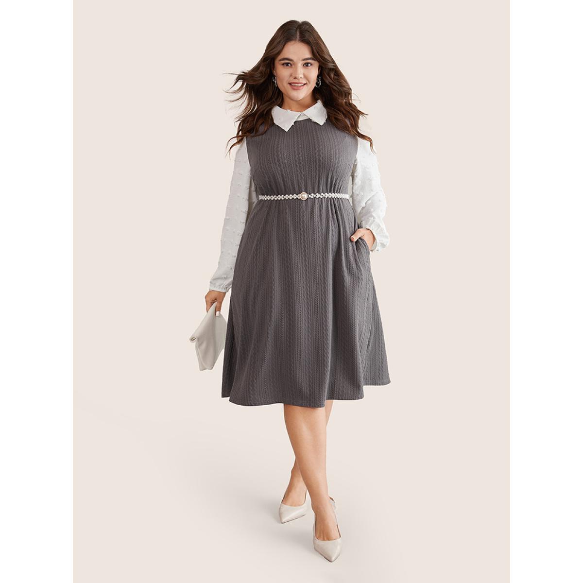 Plus Size Peter Pan Collar Contrast Textured Patchwork Dress Gray Women Office Elastic cuffs Peter Pan Collar Long Sleeve Curvy Midi Dress BloomChic 18-20/2X Product Image