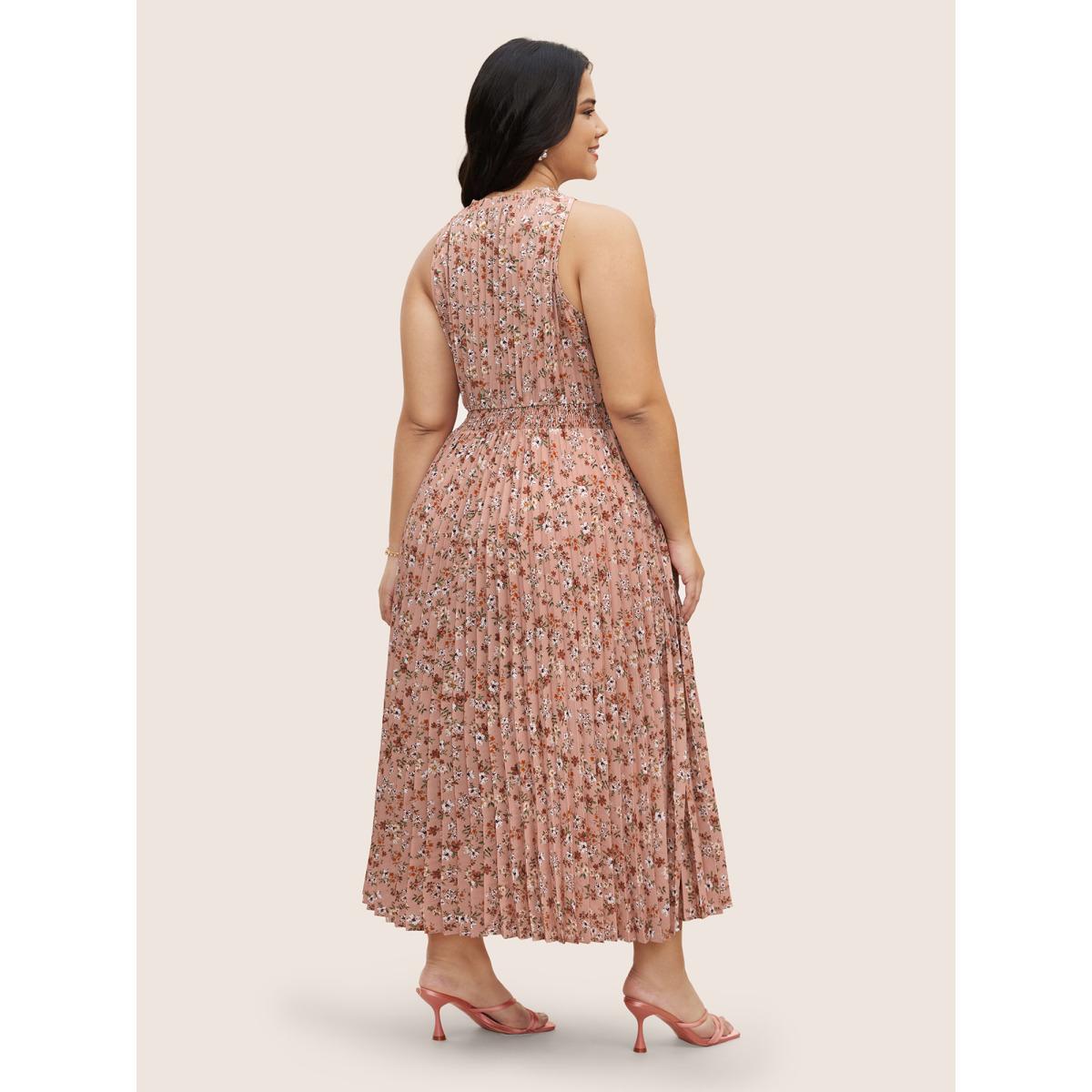 Plus Size Ditsy Floral Pleated Frill Trim Sleeveless Dress Crepe Women Elegant Frill Trim Mock Neck Sleeveless Curvy BloomChic 18-20/2X Product Image