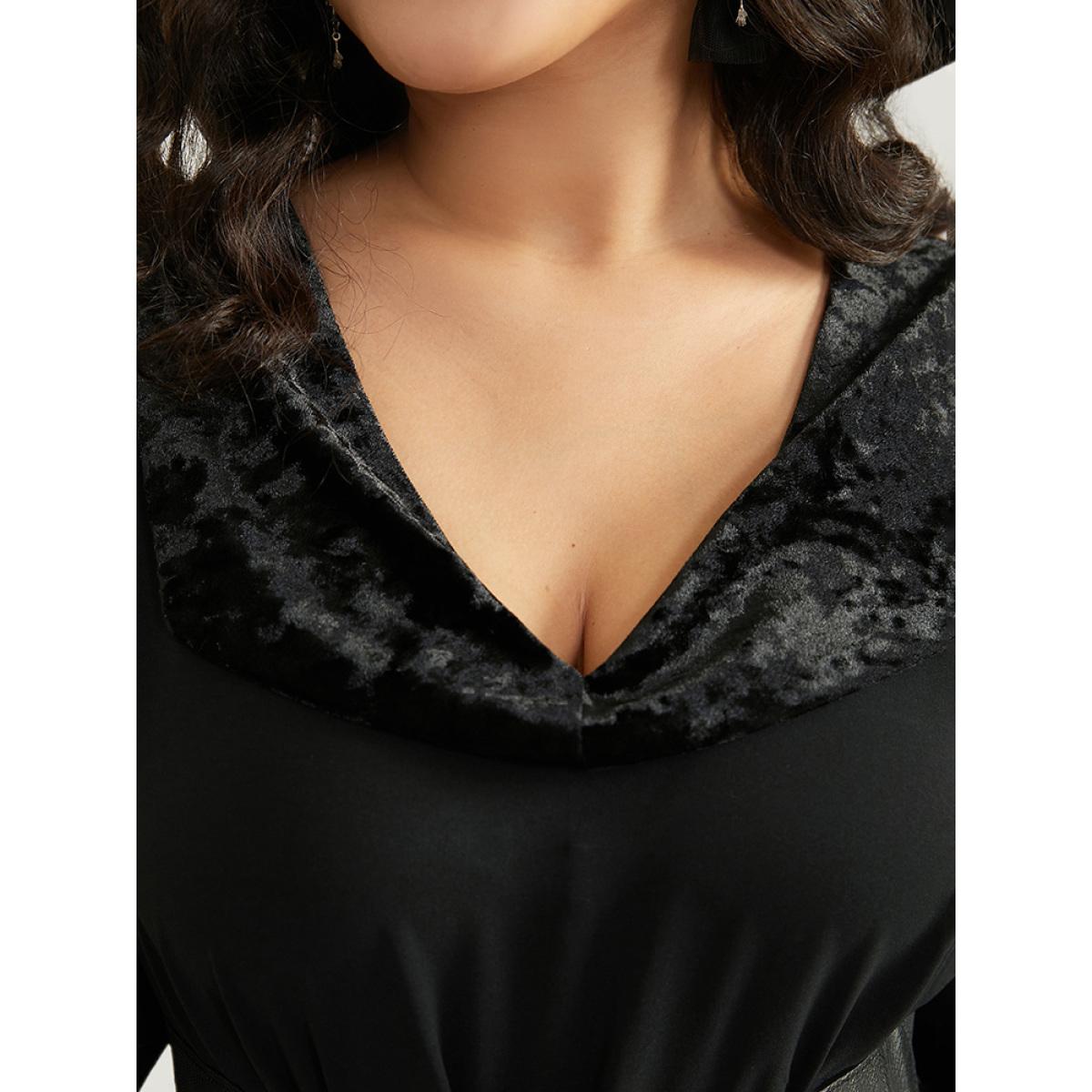 Plus Size Halloween Plain Lapel Collar Lantern Sleeve Mesh Dress Black Women Elegant See through V-neck Half Sleeve Curvy Knee Dress BloomChic 14-16/1X Product Image