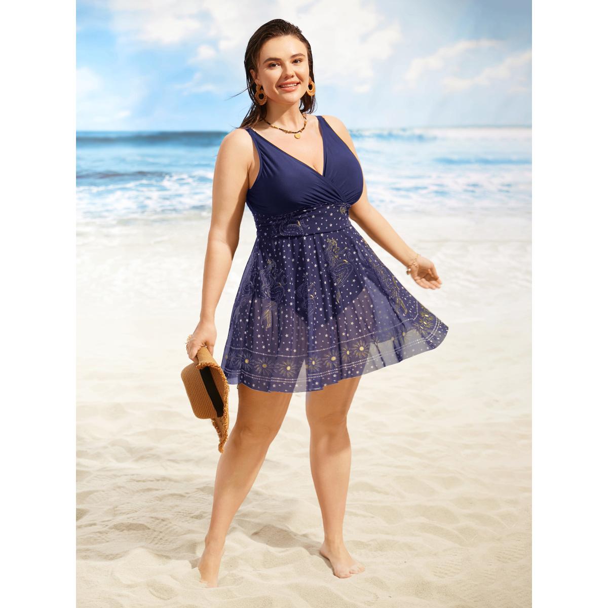 Plus Size Overlap Collar Moon & Star Patchwork Mwsh Swim Dress Women's Swimwear Indigo Beach Bodycon Overlap Collar High stretch Curve Swim Dresses BloomChic 14-16/1X Product Image