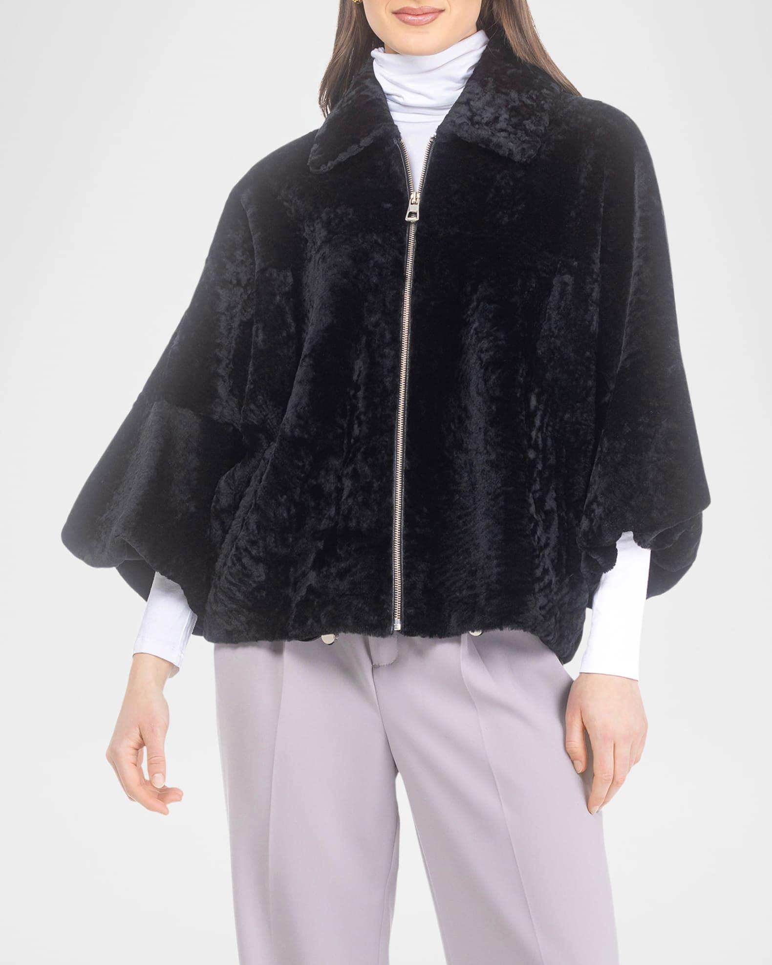 Textured Shearling Lamb Zip Jacket With Cropped Sleeves Product Image