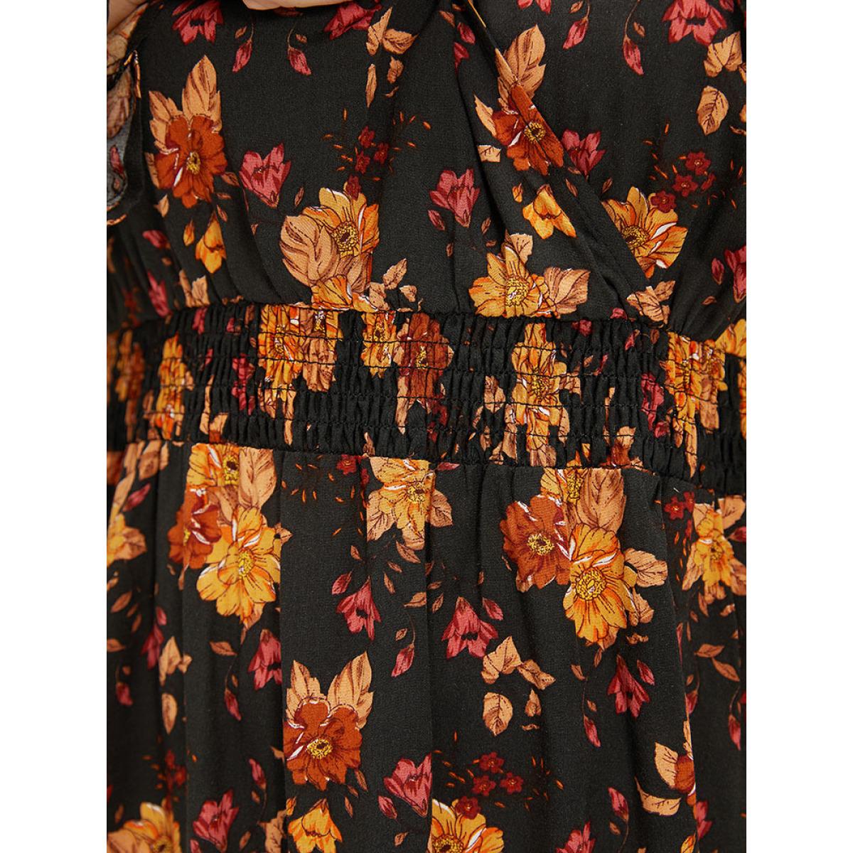 Plus Size Indigo Floral Print Wrap Shirred Lantern Sleeve Blouse Women Vacation Long Sleeve V-neck Dailywear Blouses BloomChic 26/4X Product Image