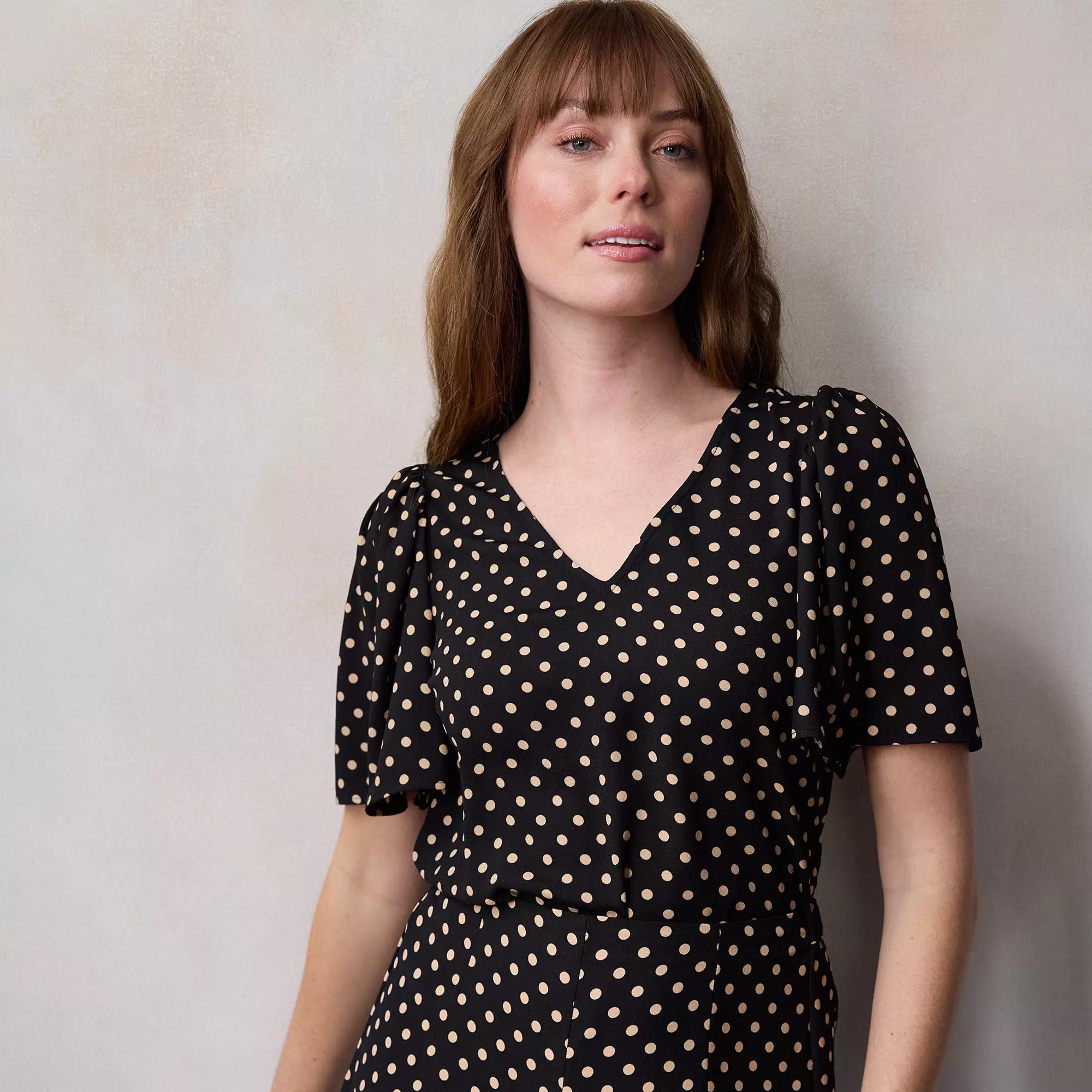 Petite LC Lauren Conrad Flutter Sleeve V-Neck Top, Women's, Size: XS Petite, Black Clara Dot Product Image