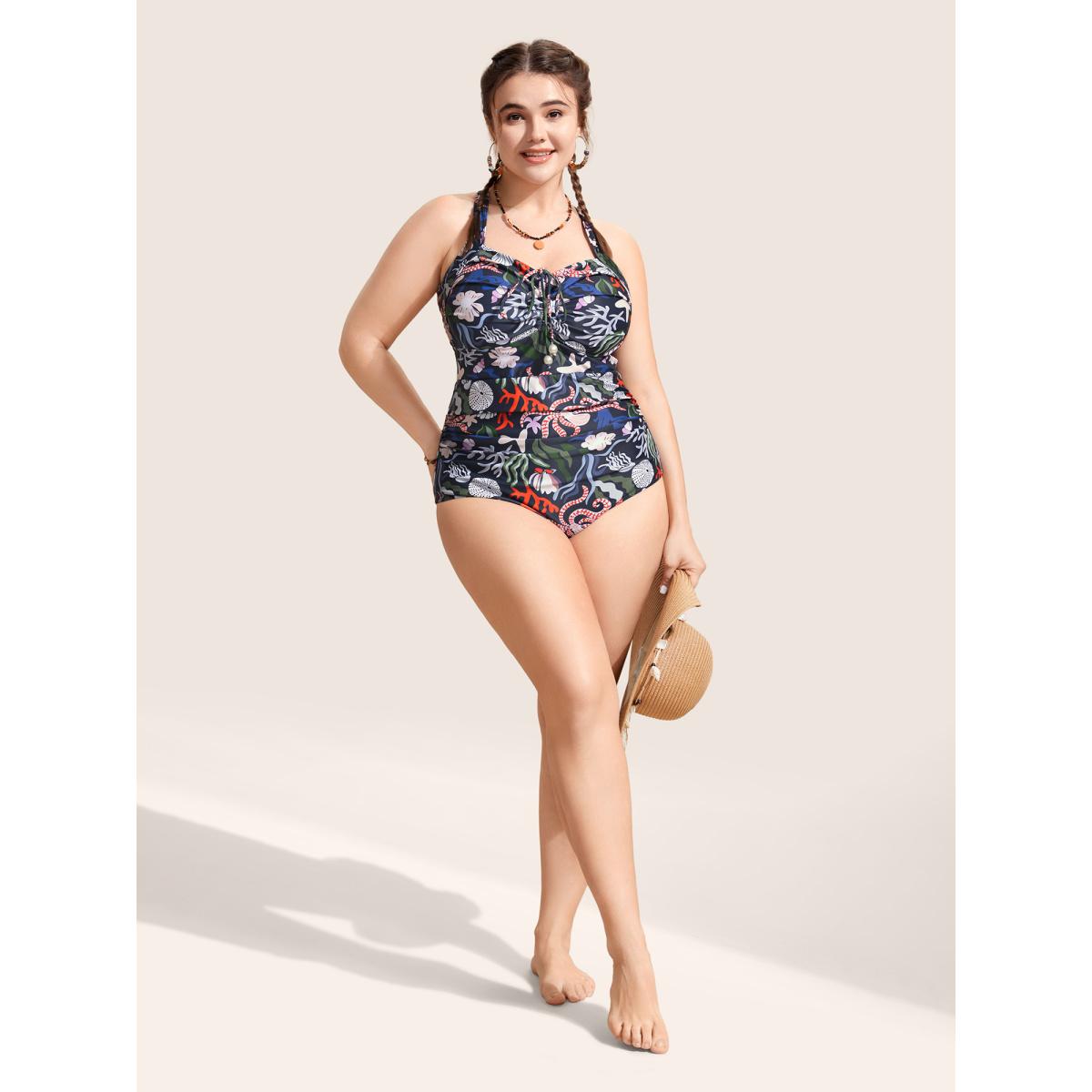 Plus Size Marine Elements Drawstring Gathered One Piece Swimsuit Women's Swimwear Multicolor Beach Gathered Curve Bathing Suits High stretch One Pieces BloomChic 18-20/2X Product Image