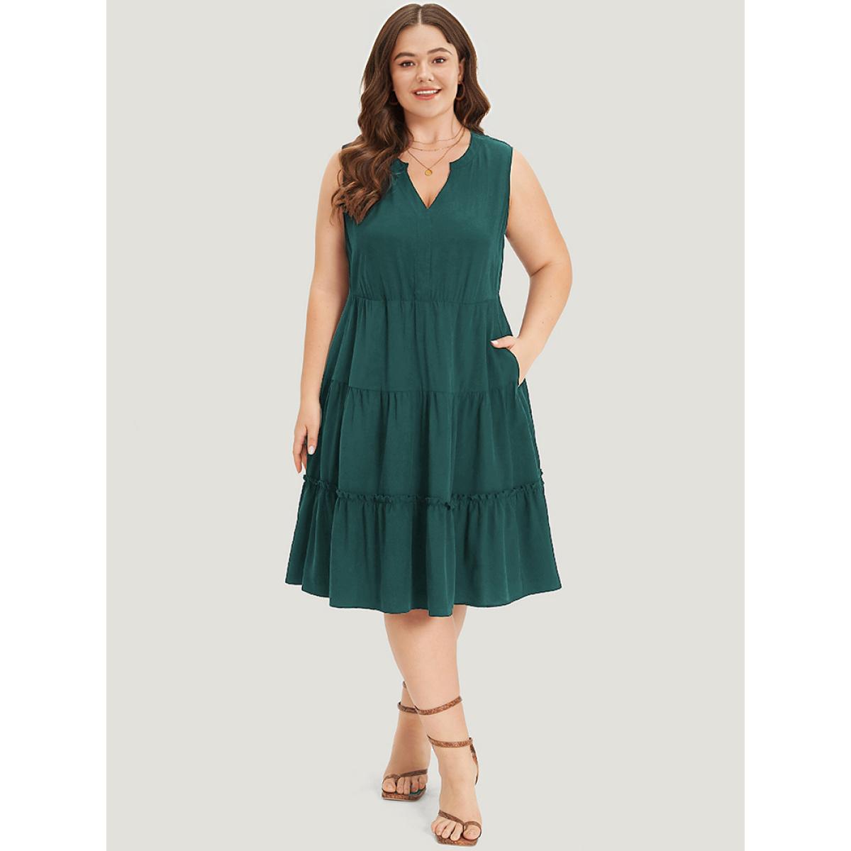 Plus Size Supersoft Essentials Notched Ruffle Layered Hem Sleeveless Dress Green Women Elegant Gathered V-neck Sleeveless Curvy Midi Dress BloomChic 18-20/2X Product Image