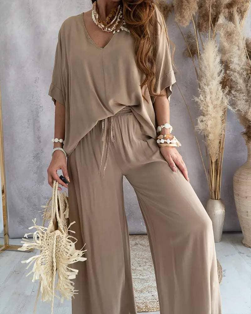 V neck batwing sleeve top casual pants set Product Image