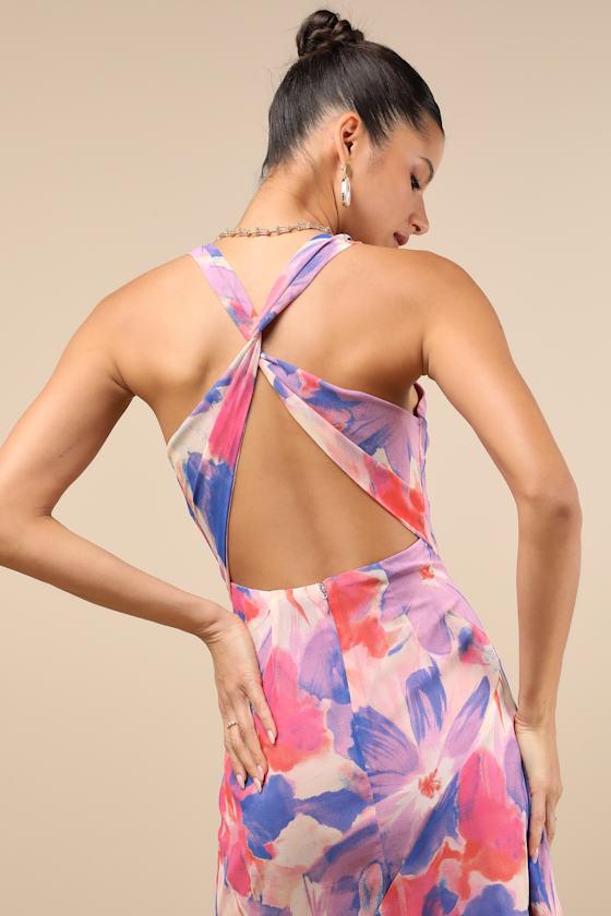 Delight in Elegance Blush Multi Floral Halter Cutout Midi Dress Product Image