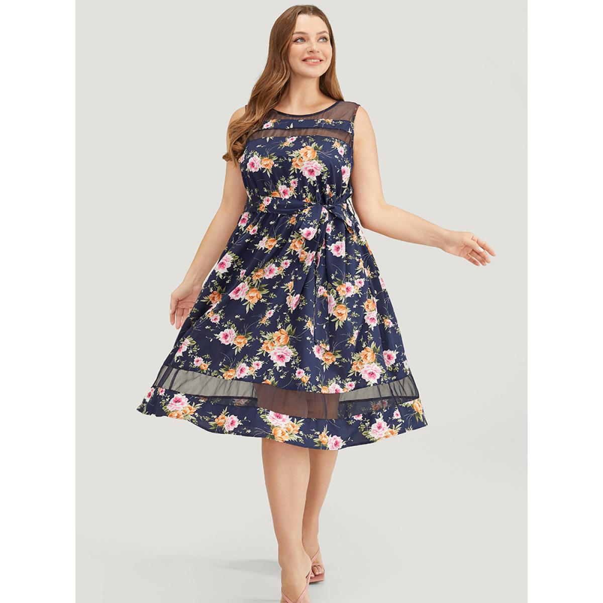 Plus Size Floral Pocket Belted Mesh Insert Flutter Hem Tank Dress Multicolor Women Elegant Belted Round Neck Sleeveless Curvy Knee Dress BloomChic 28/5X Product Image