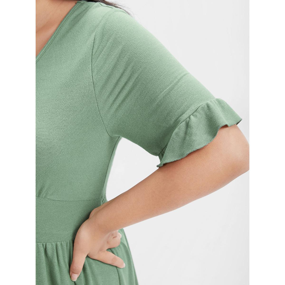 Plus Size Solid Shirred Ruffles Button V Neck Midi Dress LightGreen Women Elegant Gathered V-neck Short sleeve Curvy Midi Dress BloomChic 10/M Product Image