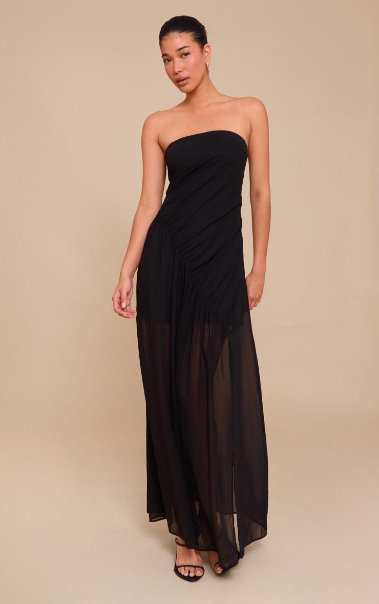 Black Double Layer Mesh Bandeau Asymmetric Ruching Maxi Dress Product Image