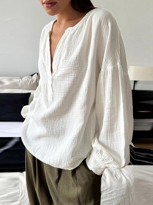 Loose Puff Sleeves Pleated Solid Color Split-Joint V-Neck Blouses&Shirts Tops Product Image