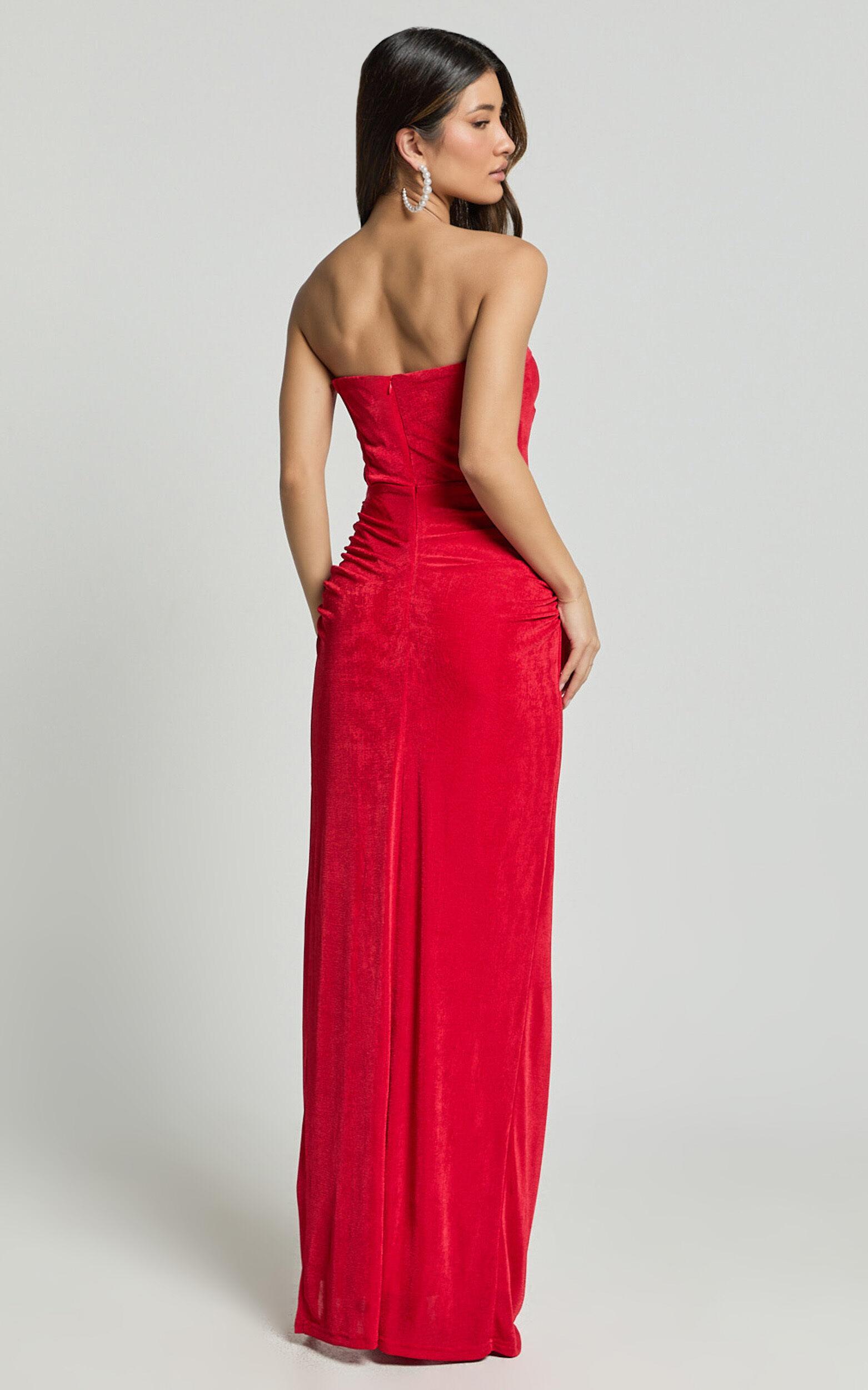 Brydie Maxi Dress - Strapless Corset Draped High Split Dress in Red Product Image