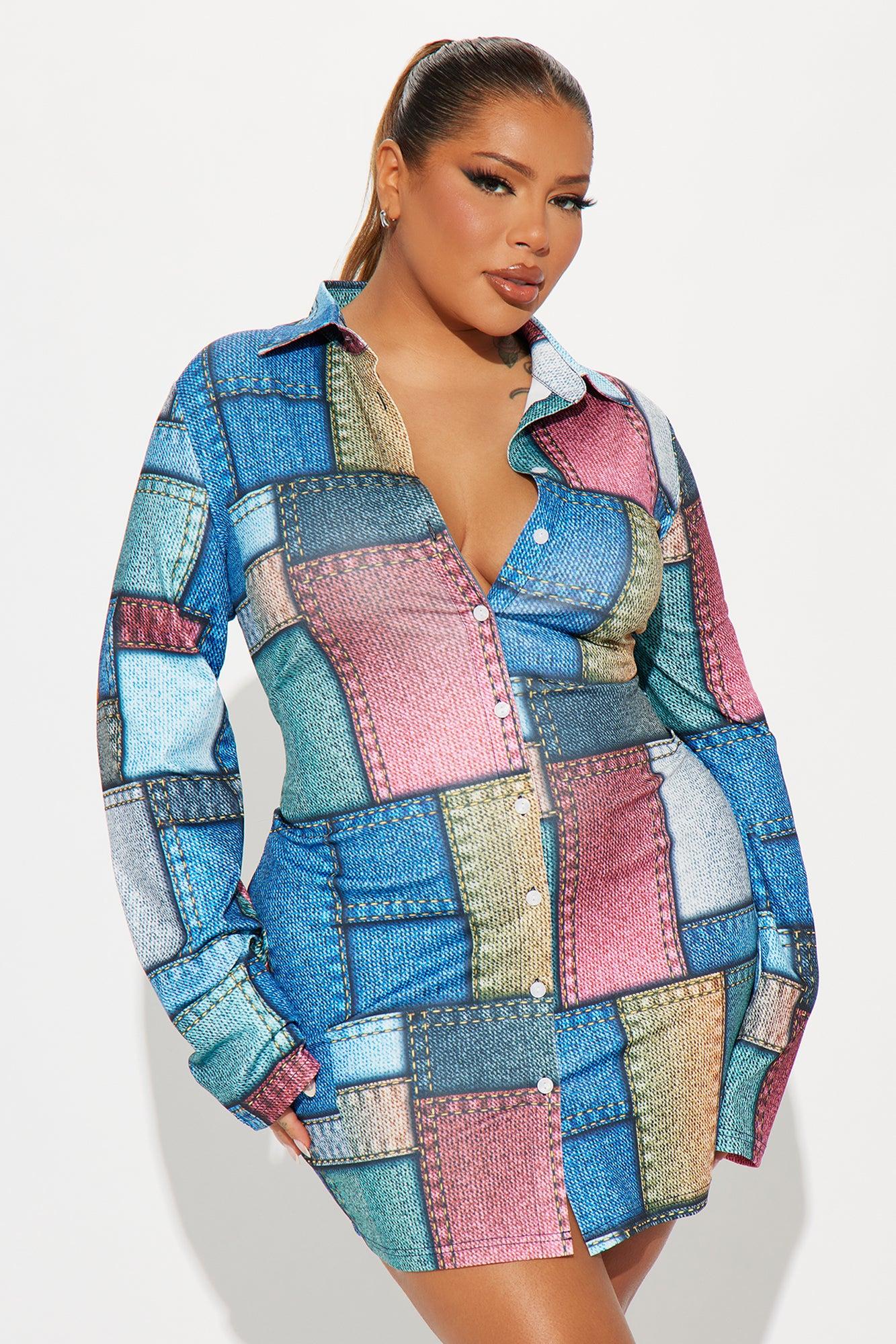 All Patched Up Mini Shirt Dress - Blue/combo Product Image