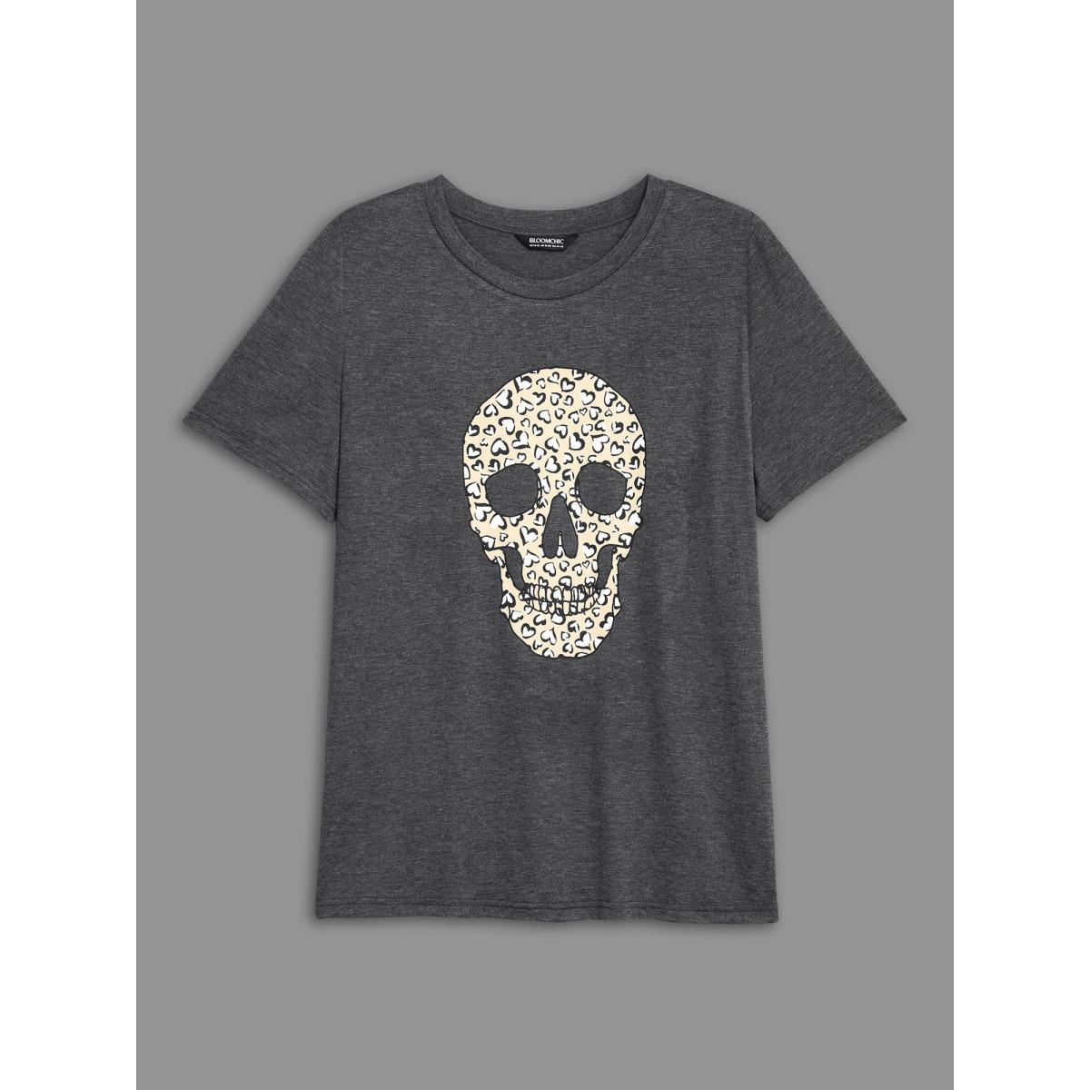 Plus Size Crew Neck Skull Leopard Print T-shirt DimGray Women Casual Non Art&design Round Neck Everyday T-shirts BloomChic 12/L Product Image
