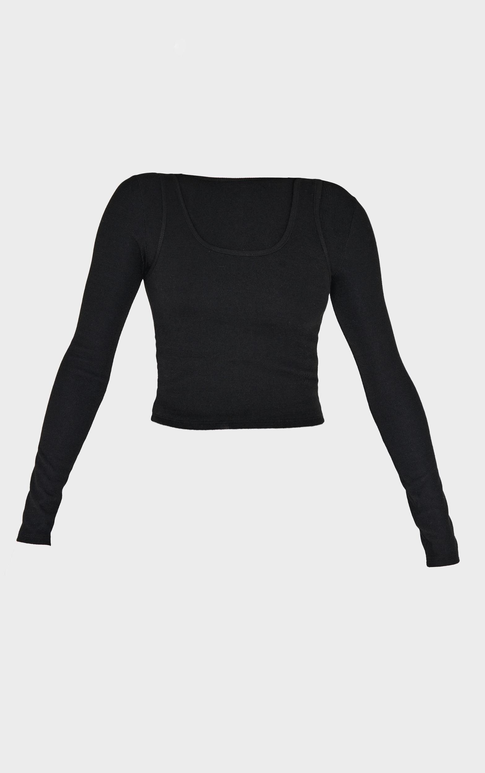 Black Ribbed Double Layer Detail Long Sleeve Top Product Image